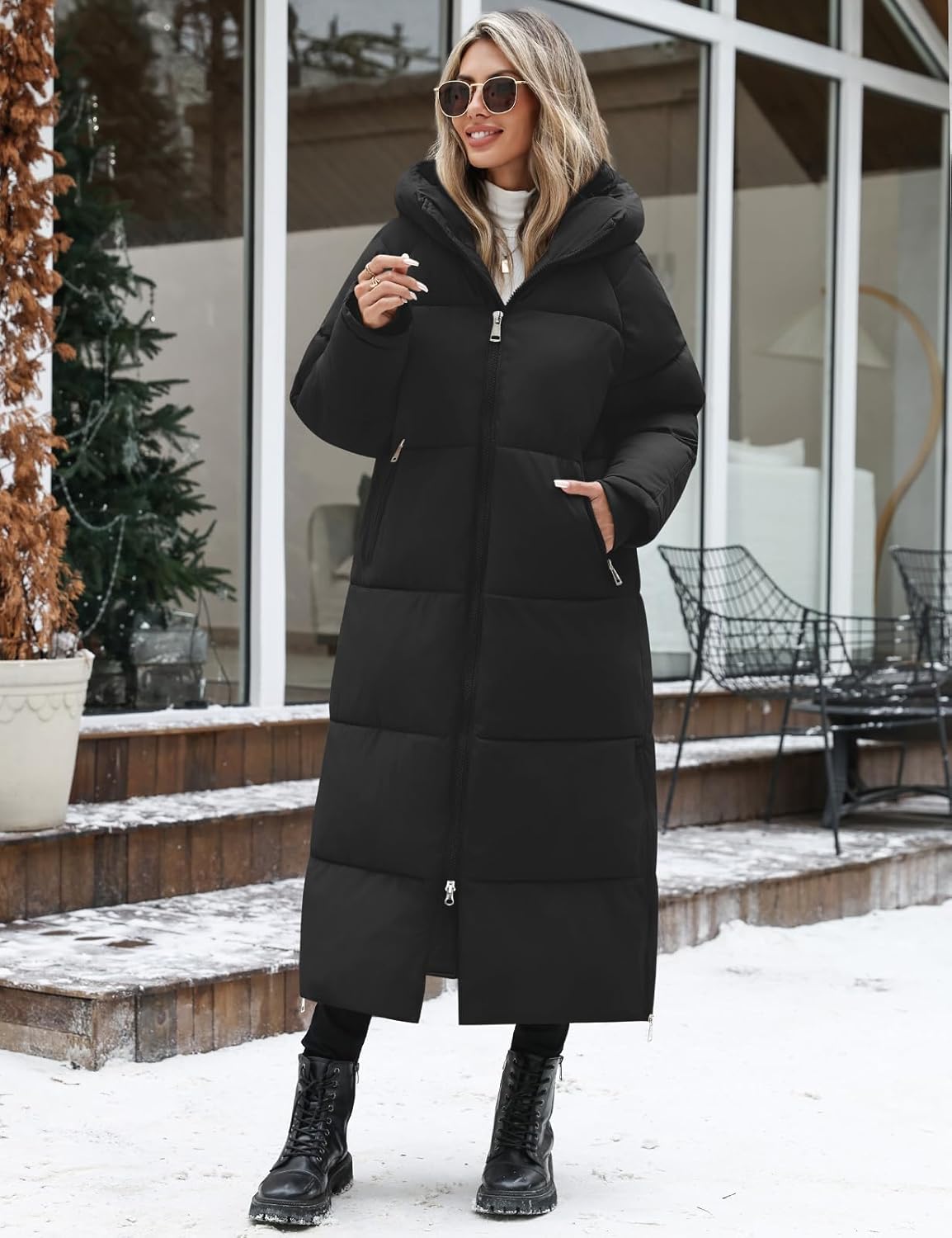 HEEKPEK Women Long Winter Coat Thickened Quilted Puffer Coats Hooded Full Length Padded Trendy Warm Outerwear with Hem Slit - Image 8