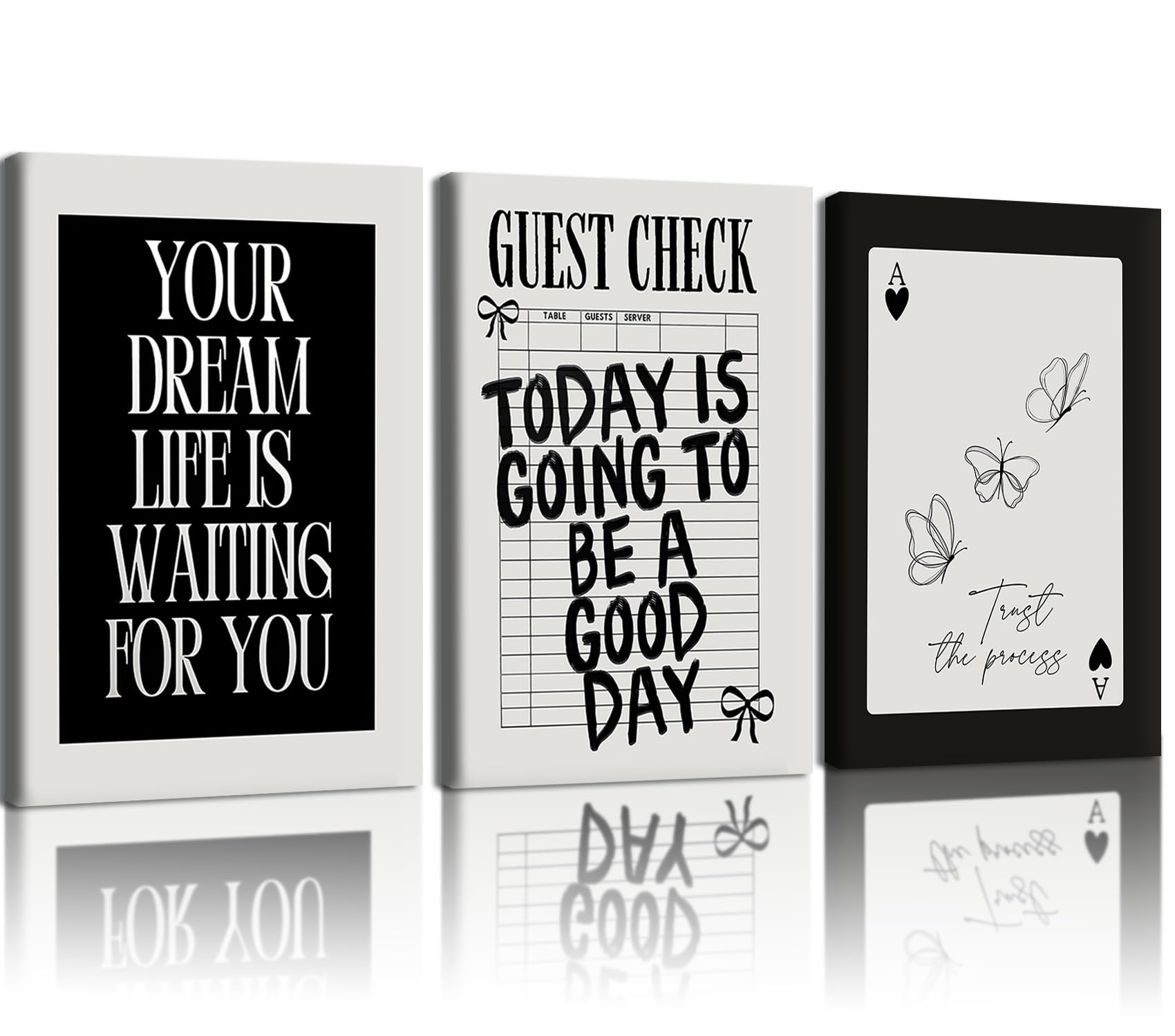 Photo 1 of ***FACTORY SEALED - OPENED FOR INSPECTION***Doqueodas 3 pcs Guest Inspection Canvas Black and White Framed Wall Art Modern Stylish Checked Print Paintings Minimalist Dreams, A Beautiful Day Inspirational Posters, Living Room/Office, 16x24 inch