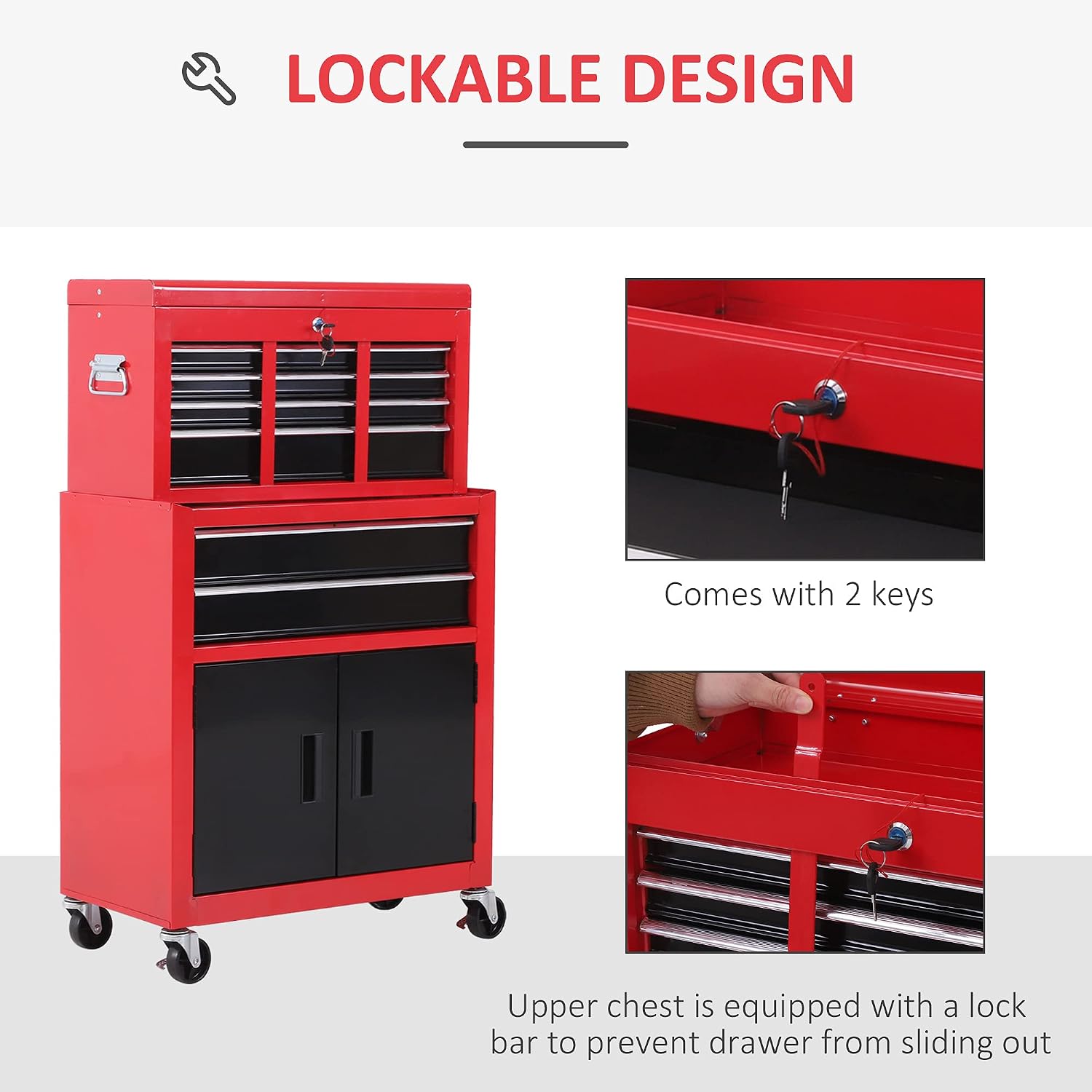 HOMCOM Rolling Tool Chest with Wheels and Drawers, 6-Drawer Tool Storage Cabinet, Detachable Organizer Tool Box Combo, Mobile Lockable Toolbox for Workshop Mechanics Garage