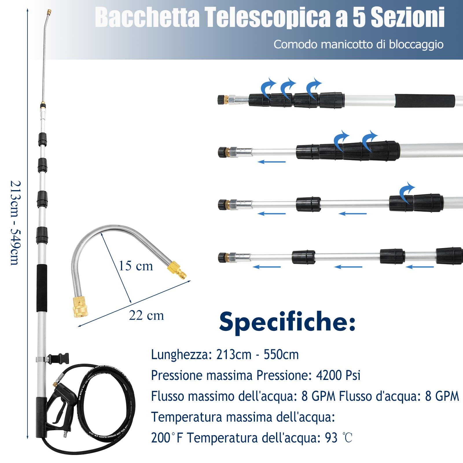 RELAX4LIFE Kit di Prolunga per Idropulitrici 550 cm 290 Bar, Telescopica per Idropulitrice, Attrezzo per la Pulizia con 5 Ugelli 2 Adattatori, Accoppiatore Girevole e Imbracatura di Supporto