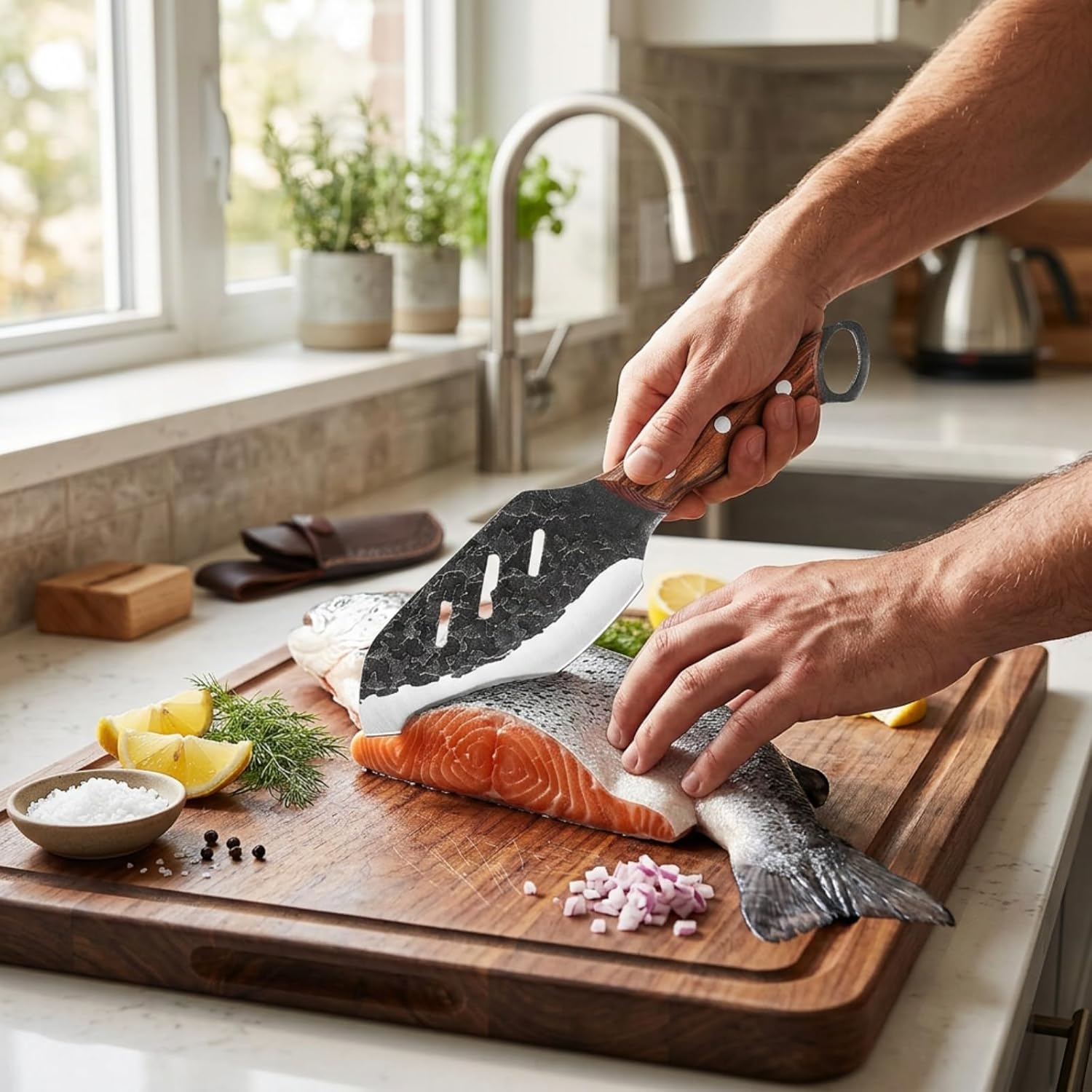 KOFERY Serbian Meat Cleaver, Hand Forged Carbon Steel Knife with Wood Handle, Ultra Sharp Blade for Heavy Duty Kitchen, Bushcraft & BBQ, Gift for Men with Leather Belt Sheath and Sharpener