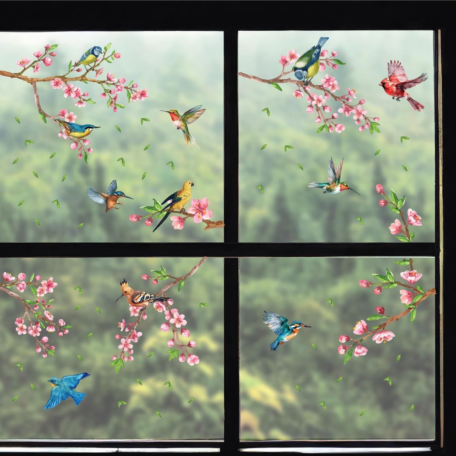 WALPLUS Spring Window Clings Home Decorations Removable Reusable Double-Sided Print Decals for Glass Living Room Cherry Blossom Flowers Watercolour with Birds On The Branch 66 Pieces