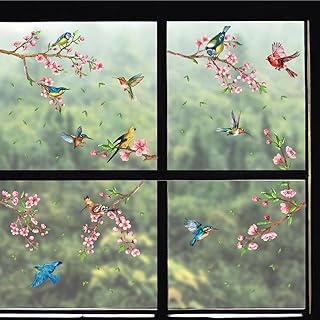WALPLUS Spring Window Clings Home Decorations Removable Reusable Double-Sided Print Decals for Glass Living Room Cherry Blossom Flowers Watercolour with Birds On The Branch 66 Pieces