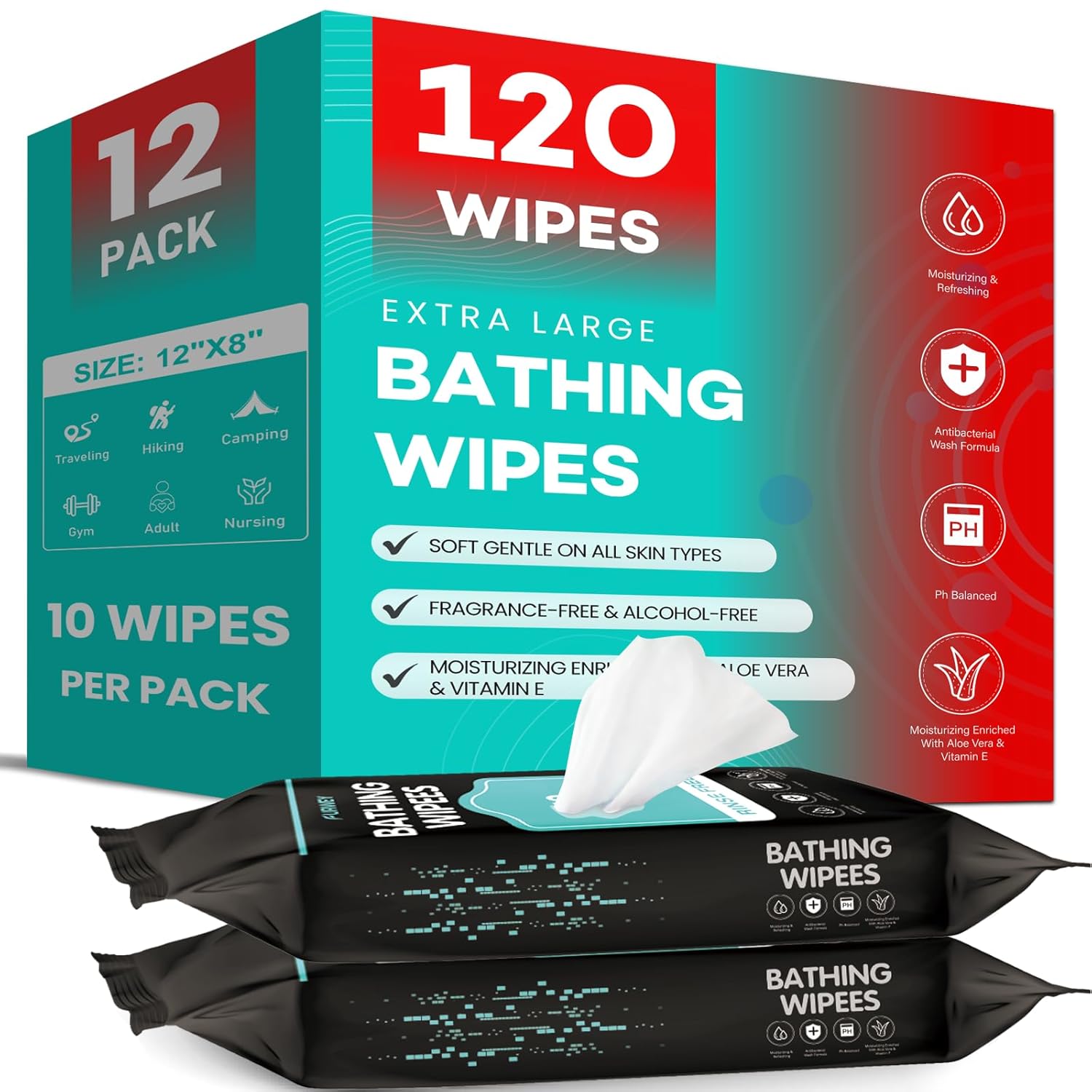 Body Wipes 120P (10 Wipe, 12 Packs) Extra Large 12”x8” Body Wipes for Adults Bathing No Rinse,Traveling,Hiking,Camping,Gym,Elderly Care Shower Wipe