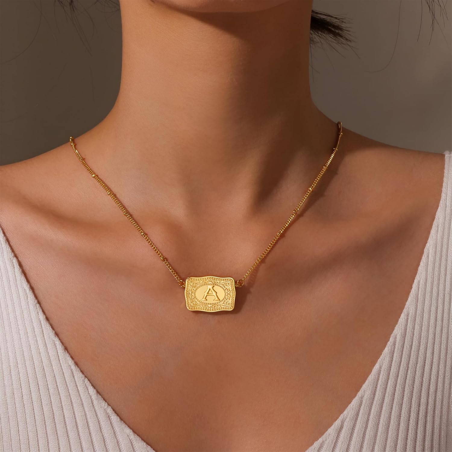 2 Pcs Belt Buckle Initial Necklace Bracelet Jewelry Set for Women, 18K Gold/Silver Plated Belt Buckle Initial A-Z Necklace Bracelet Set Unique Western Style Jewelry Gifts - Image 3