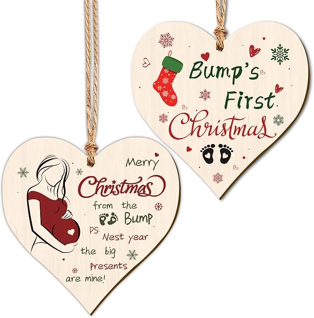 2pcs Mum to Be Gift Christmas Heart Hanging Decoration,Babies First Christmas Bauble with Stirngs for Christmas Tree Decoration, Pregnancy Gift for Mum Expecting Christmas Ornaments Heart Decoration