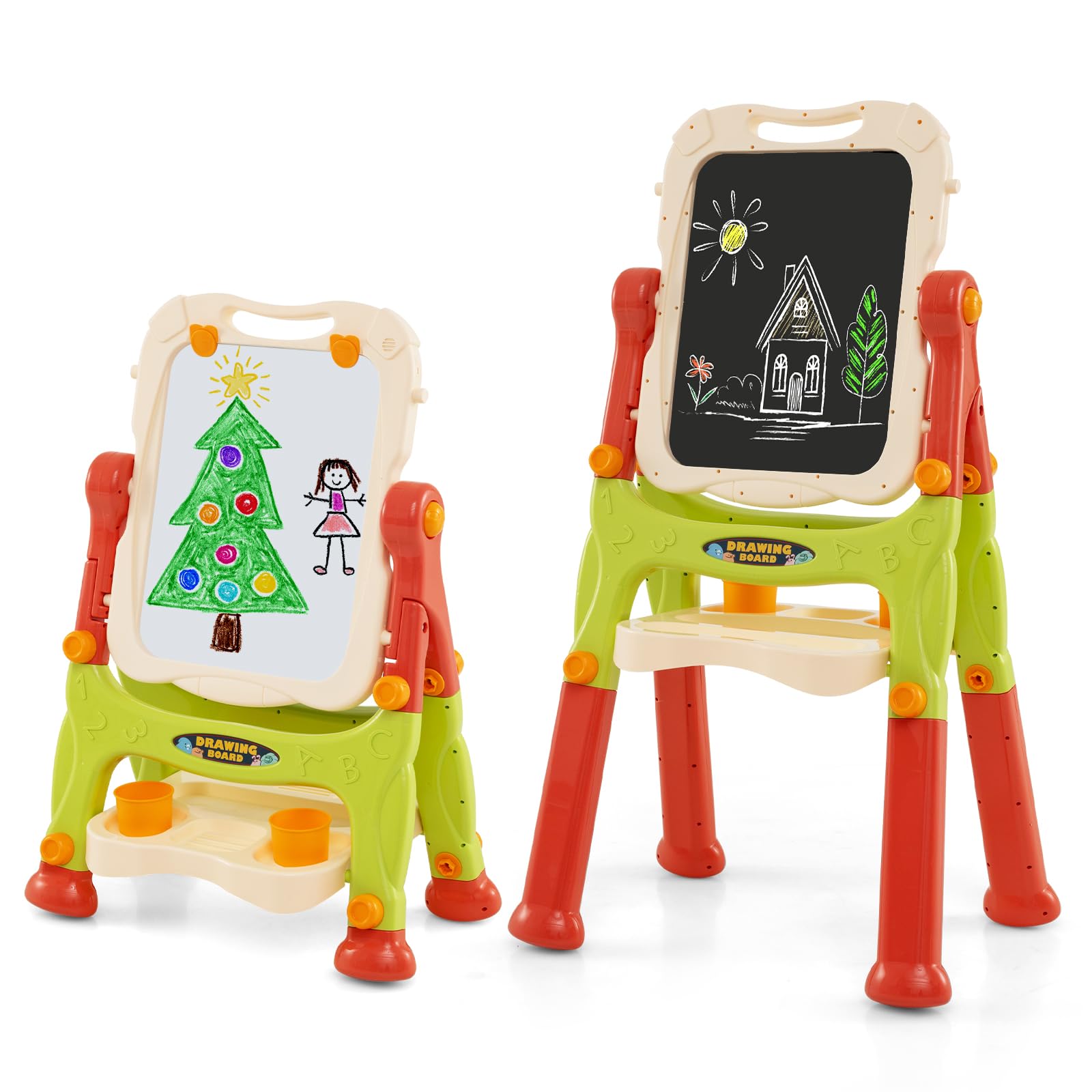 GYMAX Lavagna Magnetica per Bambini, Cavalletto da Disegno Doppio Lato con Lavagna, Tavolo da Disegno Portatile con Maniglia, Altezza Regolabile per Bambini 3+ Anni (Rosso)