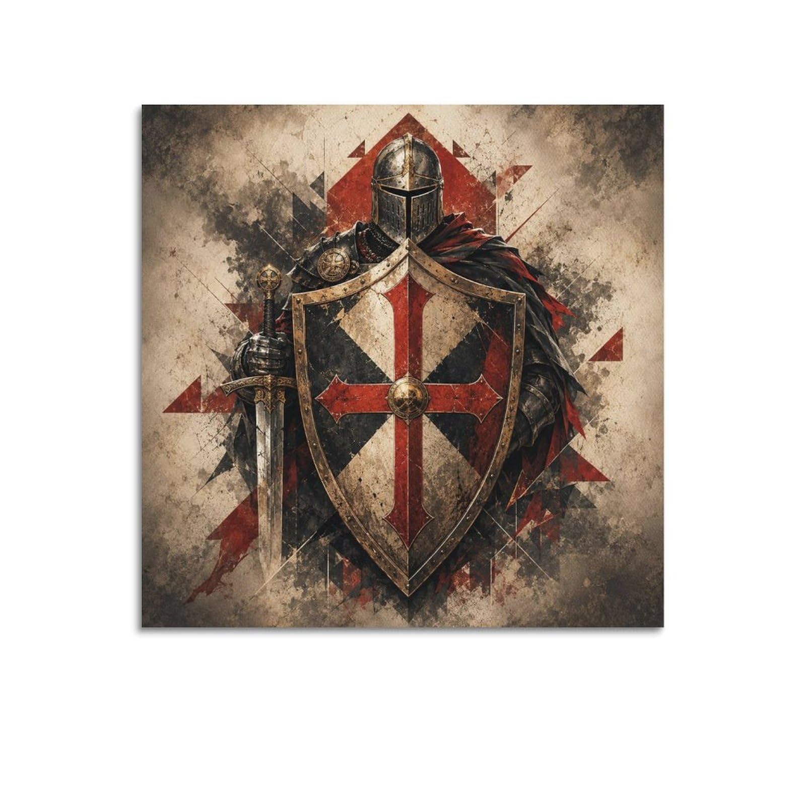 XKUGA Geometric Templar Shield Red Cross Gothic Poster Sacred Armor Modern Decorative Canvas Prints - Ideal Wall Art for Family, Man Cave, Game Room, Boys & Girls Bedroom 16x16inch(40x40cm)