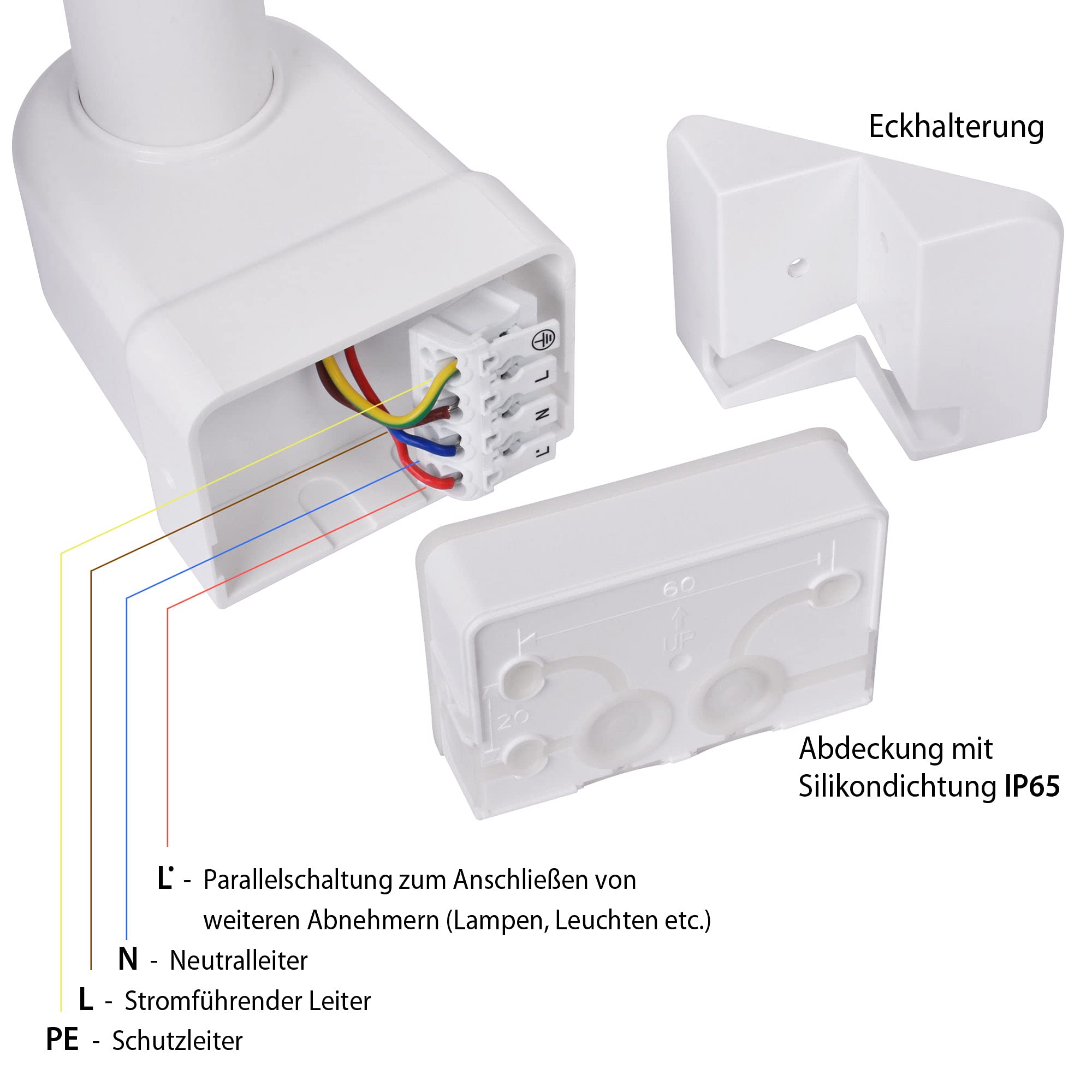 Maxkomfort LED Außenwandleuchte mit Bewegungsmelder Fluter Weiß Schwenkbar | 40W Neutralweiß 4000K IP65 3200lm | Eckmontage | Steuerung bis 500W | SUN3200