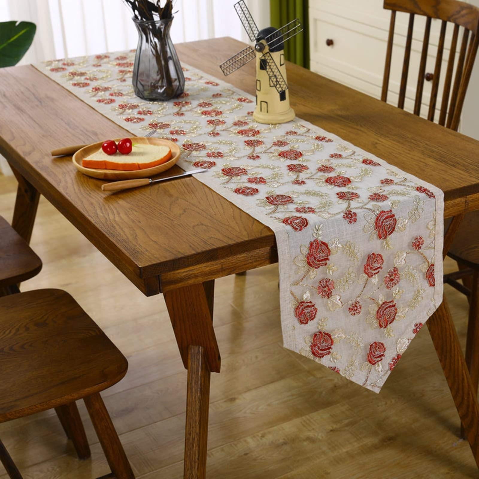 Bieżnik na stół do jadalni, Boże Narodzenie, bieżnik na kolację, 35 x 310 cm, czerwony haft, kwiaty, poliester, ślub, urodziny, dekoracja domu, 35 x 310 cm