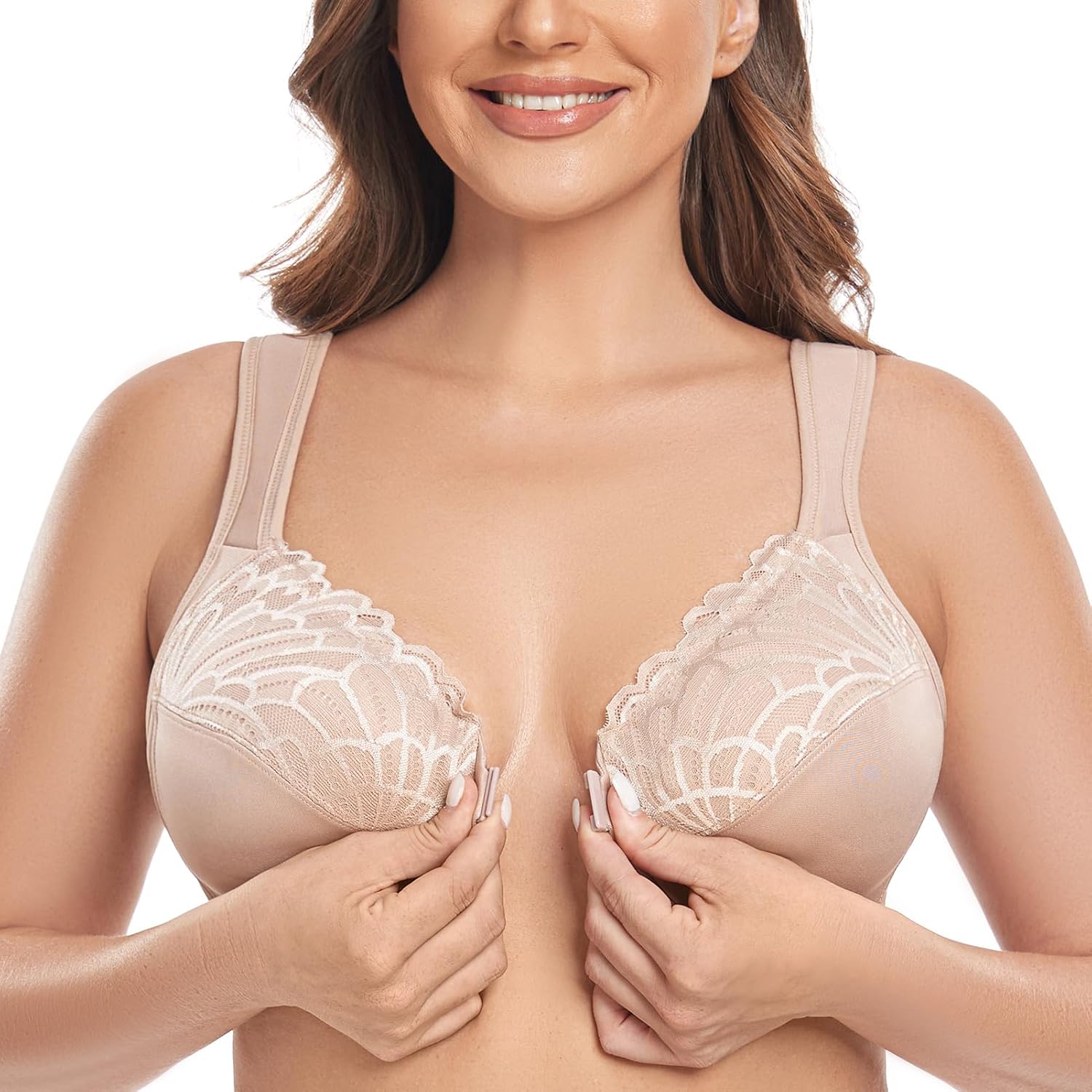 Women's Full Figure Seamless Underwire Unlined Lace Front Closure Bra