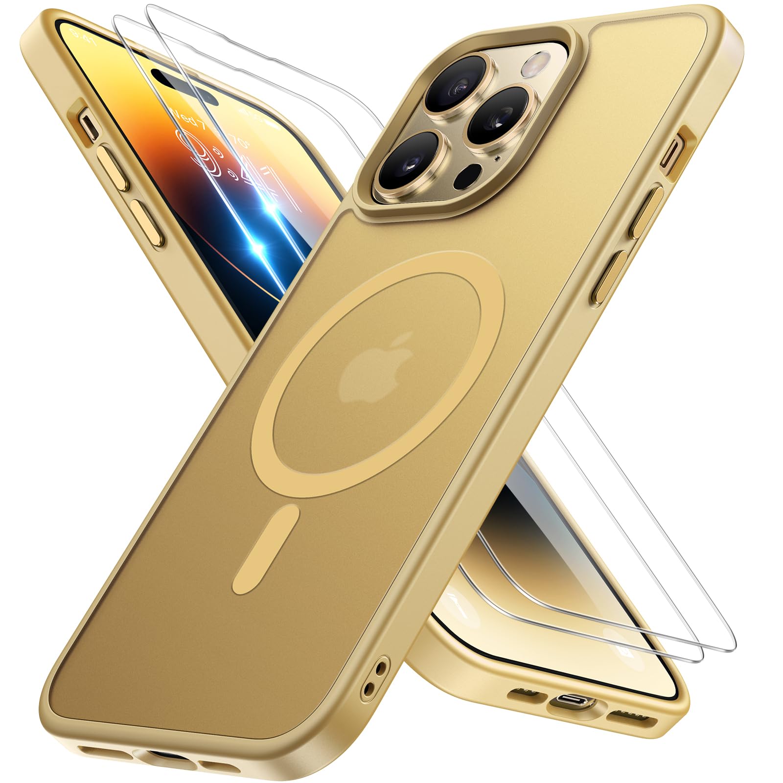 miracase Magnetic for iPhone 14 Pro Max Case 6.7 inch (Compatible with MagSafe)（with 2X Screen Protectors） Military-Grade Protection, Anti-Fingerprint Translucent Matte Phone Case Cover, Light Yellow