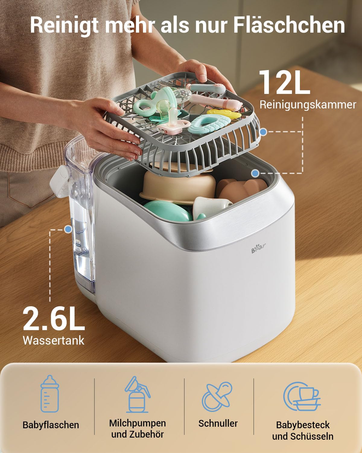 Bear Bottle Washer Pro | Automatischer Flaschenreiniger Sterilisator und Trockner für Babyflaschen & Milchpumpen-Teile | Inkl. 90 Reinigungstabletten | 99,99% Bakterienentfernung