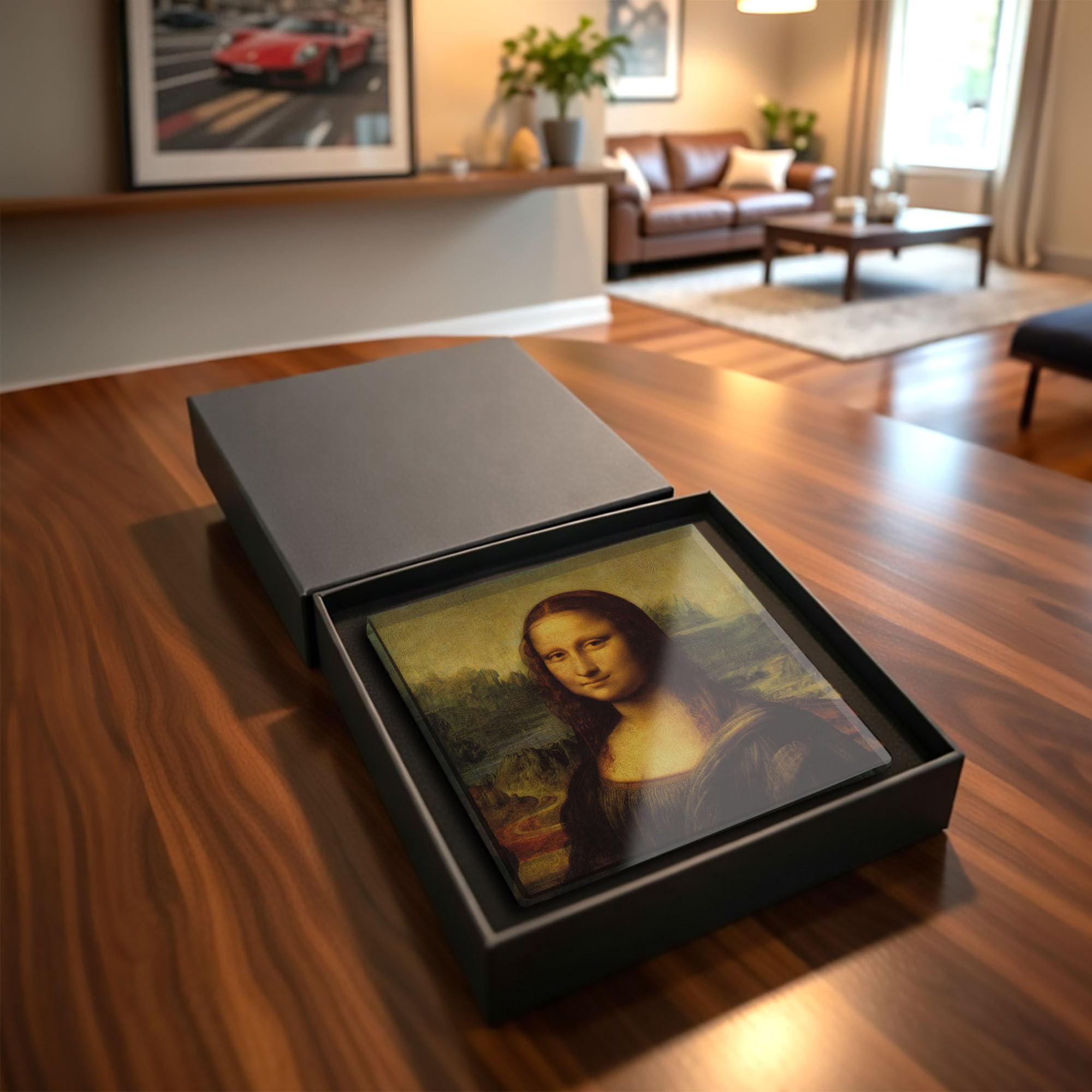 Mona Lisa Glass Coaster Square Tempered Glass Drink Coaster Renaissance Art Painting Louvre Art Lover Gift Classic Home Accessory (Gift Box Packaging)