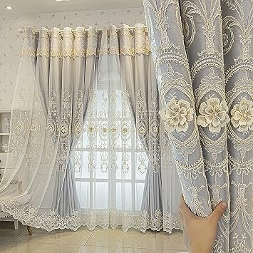 Amidoudou 1 Pair European Double Layer Curtains for Living Room Bedroom 3D Flower Embroidered Curtains with Valance Grey,51x96 Inch