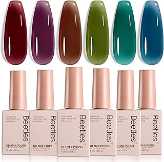 Beetles Midnight Syrup Jelly Gel Nail Polish Set - 6 Colors Jelly Gel Polish Kit Mocha Brown Burgundy Red Purple Green Blue Sheer Translucent Effect Soak Off UV Nail Art Manicure Gift for Women