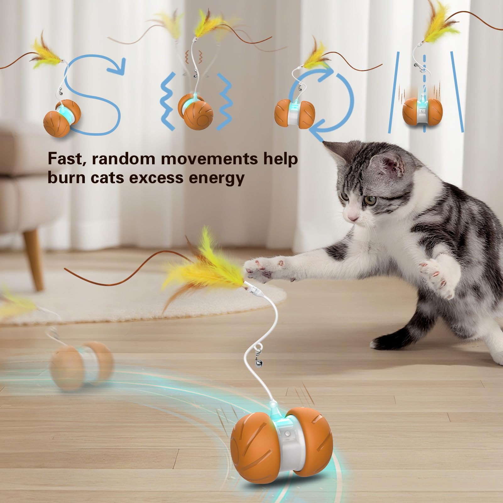 umosis Juguetes para gatos adultos aburridos de interior, varita de plumas interactiva, robot de movimiento automático, juguete activado por tacto, juguetes de ejercicio de enriquecimiento recargables