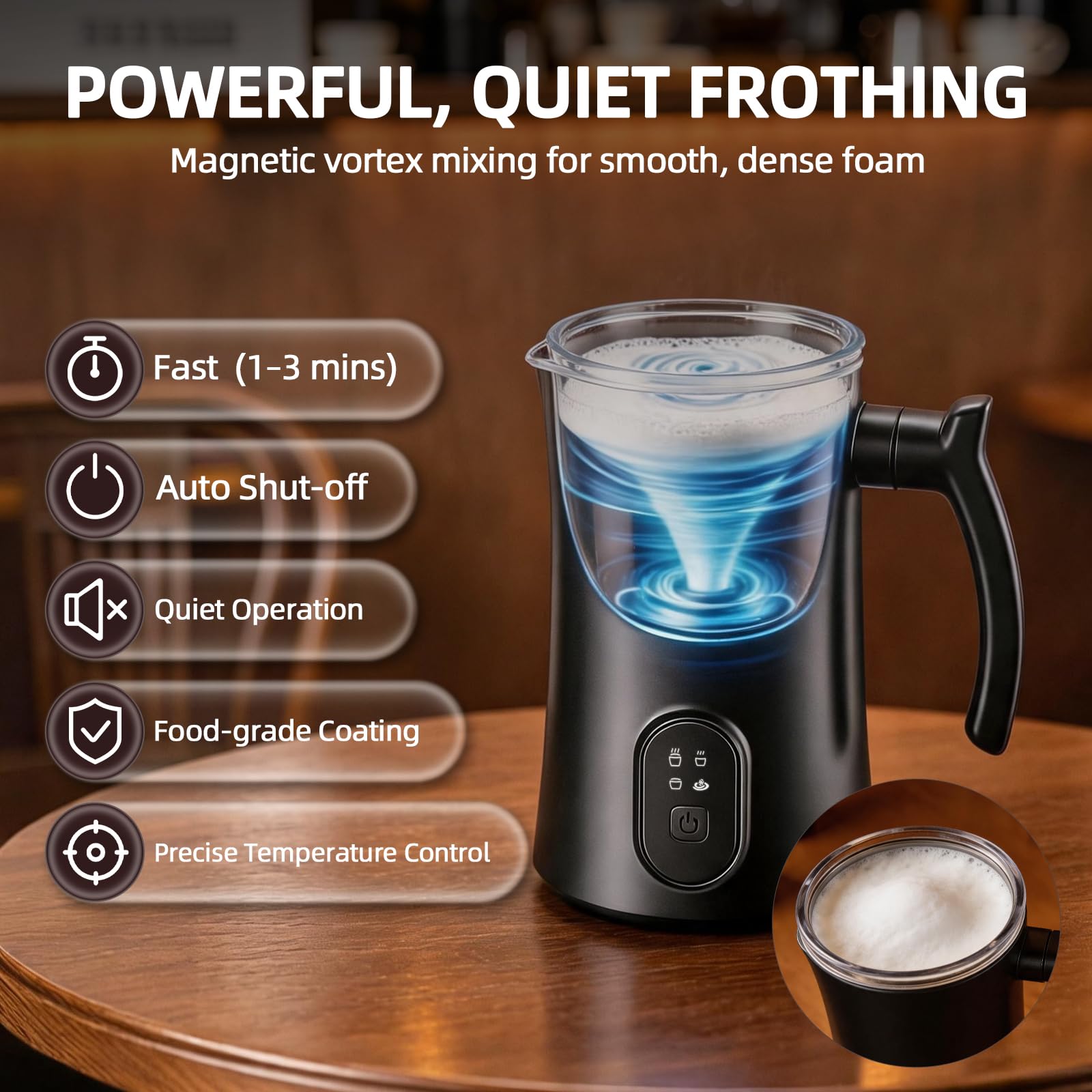 Liksiy Montalatte e vaporizzatore, 4 in 1, montalatte elettrico per schiuma calda e fredda, montalatte silenzioso e scaldavivande per latte, cappuccino e macchiato, nero