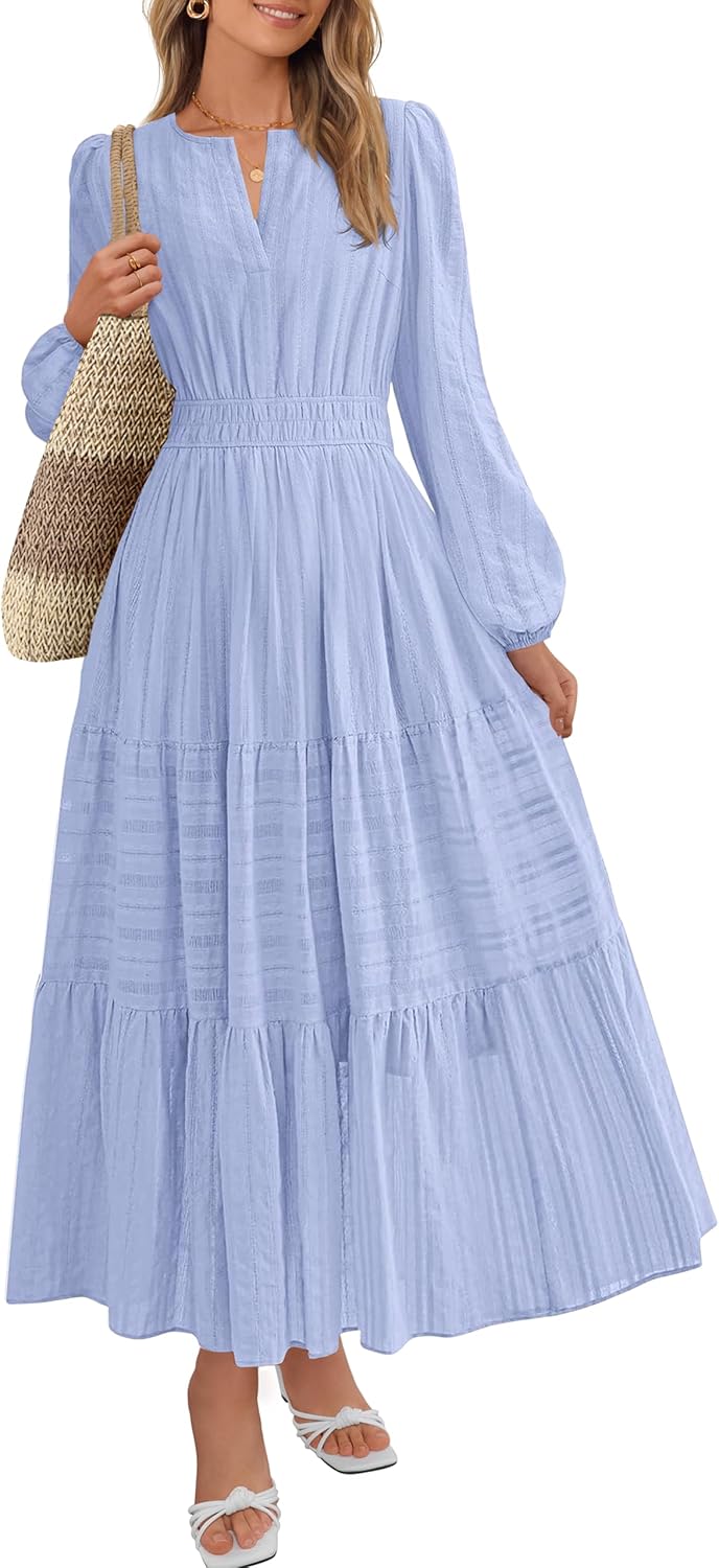 MEROKEETY Fall Dresses for Women 2025 Long Sleeve Casual V Neck Tiered Cotton Wedding Guest Maxi Dress Pockets