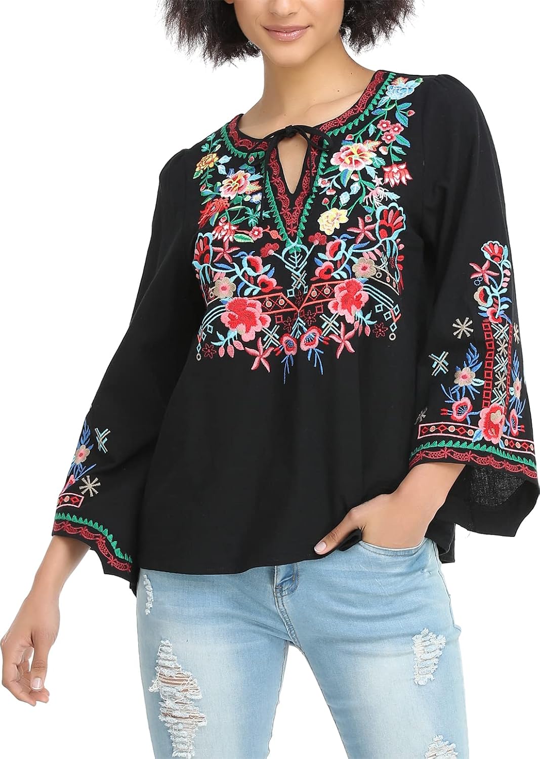 YZXDORWJ Women's Mexican Long Sleeve Blouse Embroidered Traditional V Neck Top Boho Tunic - Image 2
