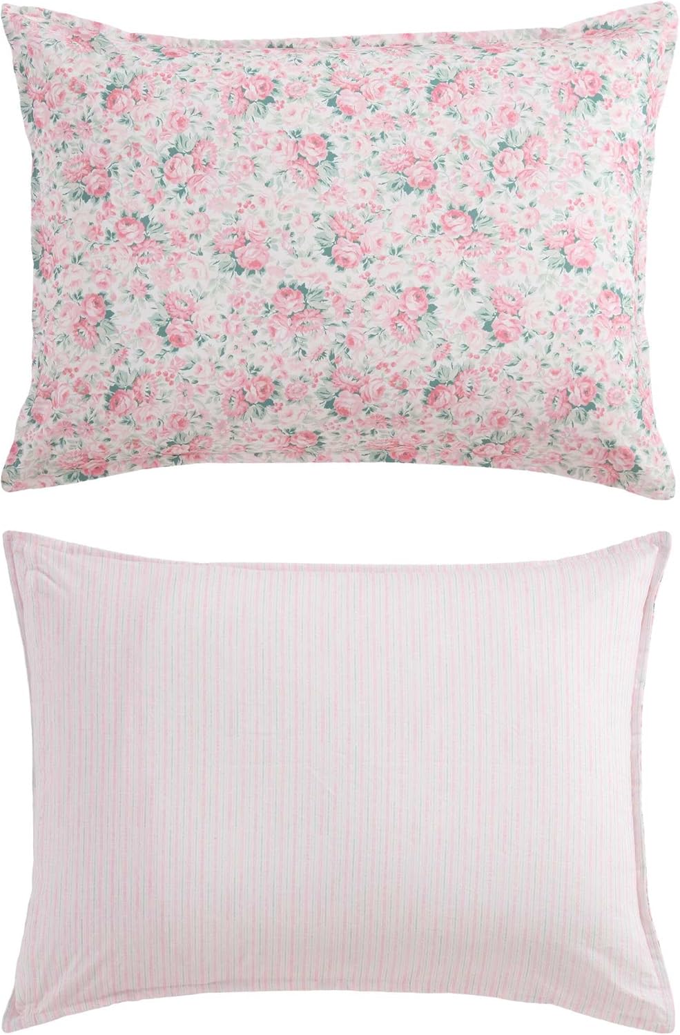 Laura Ashley - Queen Bonus Comforter Set, Reversible Bedding with a Soft Feel, 7 Piece Bed Set with Matching Pillowcases, Euro Shams, & Throw Pillow Covers (Pamelas Posies/Pretty Stripe Pink)