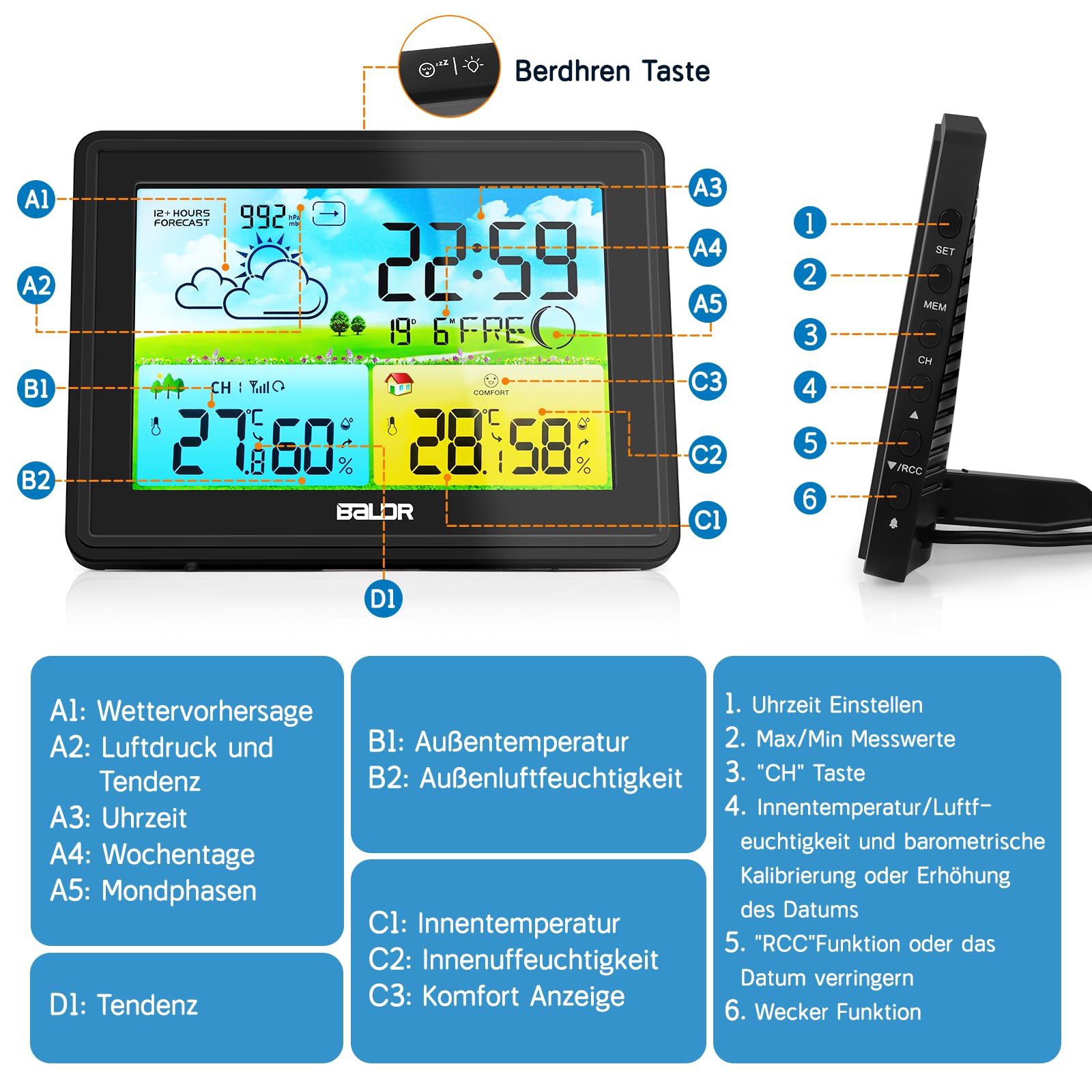 Stazione meteo radio con sensore esterno, temperatura interna ed esterna/umidità dell'aria, stazione meteo wireless con previsioni meteo, barometro e fase lunare, schermo a colori