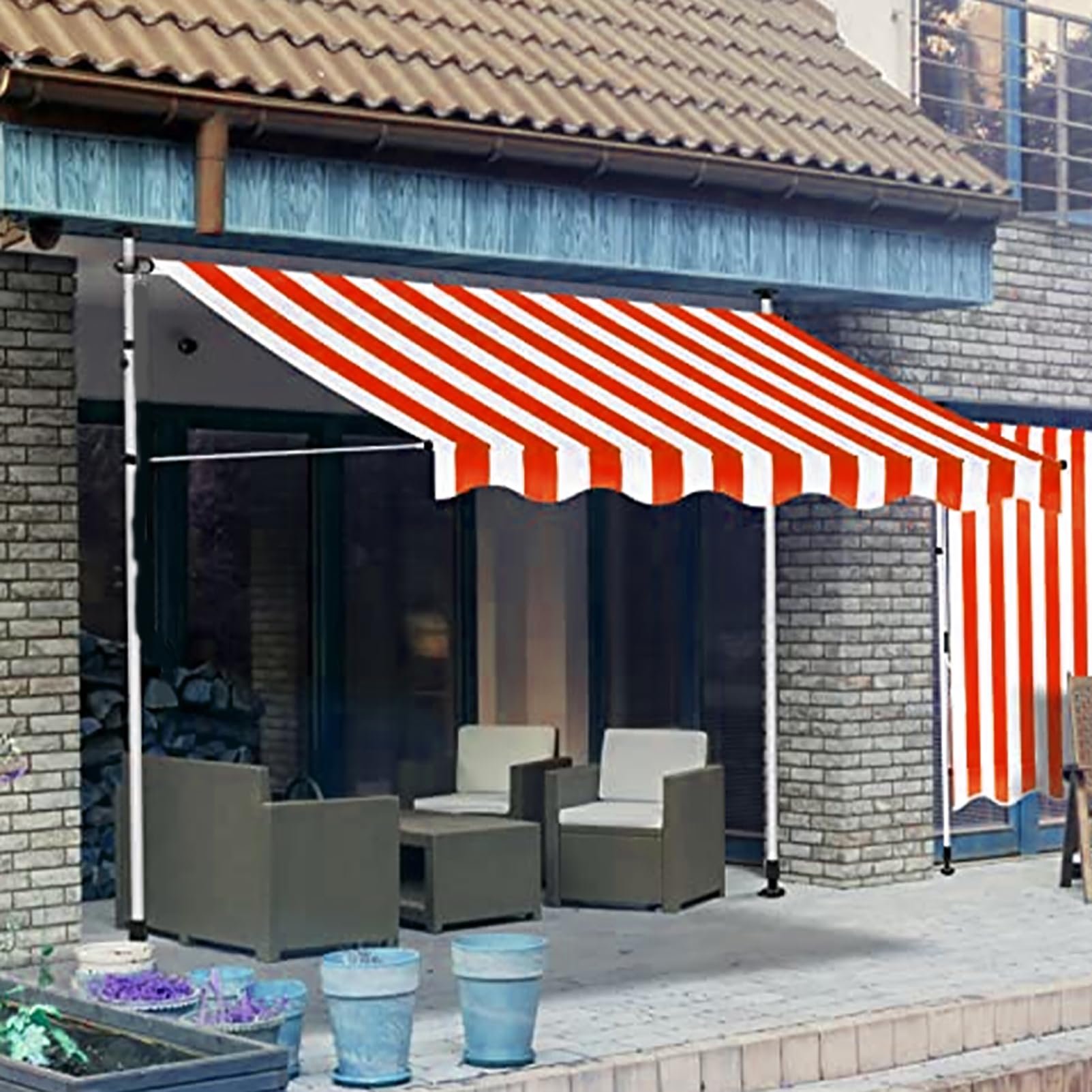 Regulowana markiza teleskopowa na patio, wodoodporna osłona przeciwsłoneczna z korbą ręczną, baldachim ogrodowy na zewnątrz, do restauracji, kawiarni, 3 m, czerwone i białe paski
