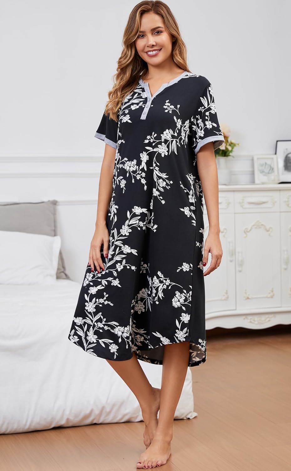 Nightgowns for Women Soft Cotton Short Sleeve Botton Night Gowns Long Sleepwear with Pockets - Image 6