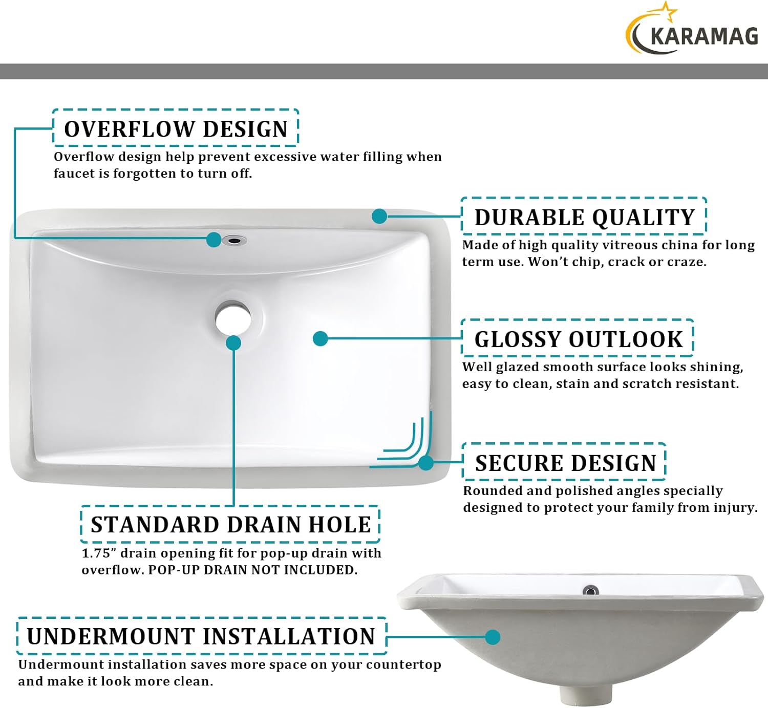 Undermount Bathroom Sink 18.7"X11.9" Inch White Rectangular Porcelain Ceramic Vanity Basin with Overflow KARAMAG