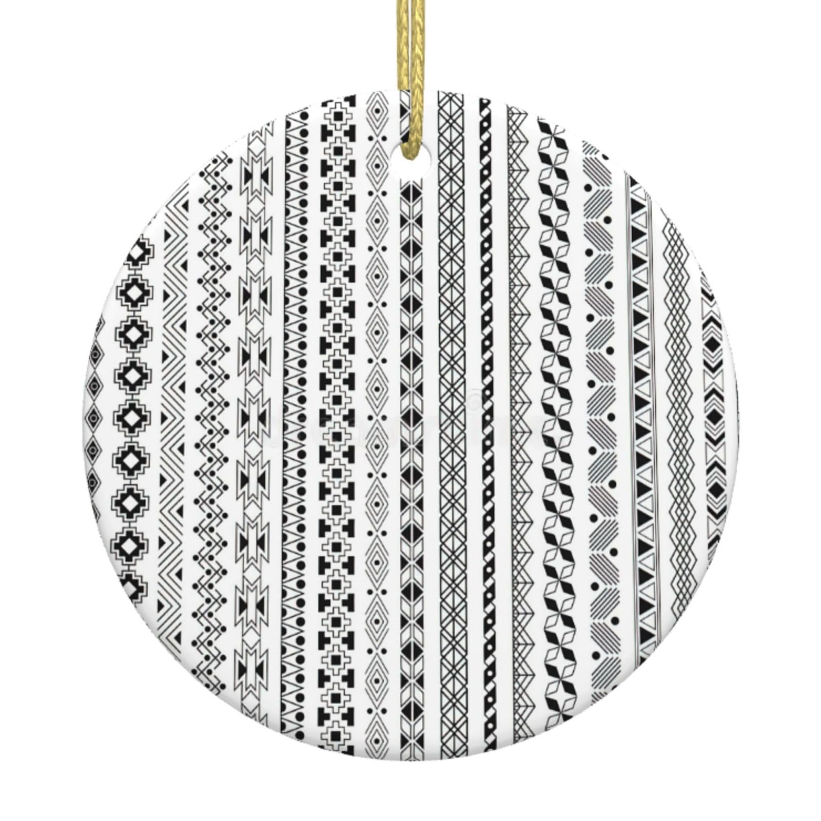 Boho Triangle Stripes Print Christmas Ornaments, Ceramic Hanging Ornament, Round Shape Decorations