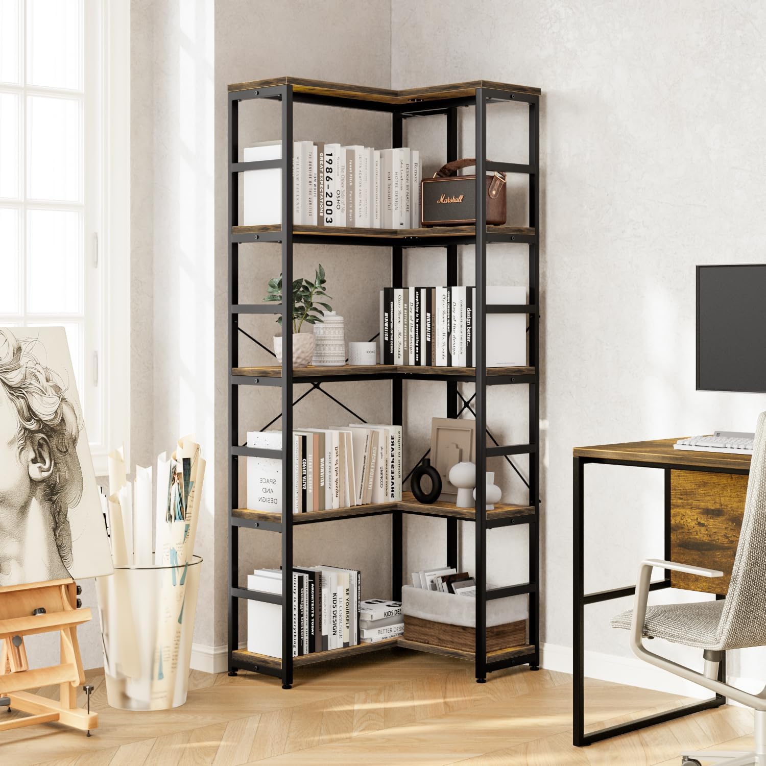 NUMENN 5 Tier Corner Bookshelf, Wood and Metal Bookcase Storage Shelf, 26.97'' x 22.64'' x 65.7'' Tall Corner Cabinet for Living Room, Bedroom, Home Office and Kitchen, Vintage Brown