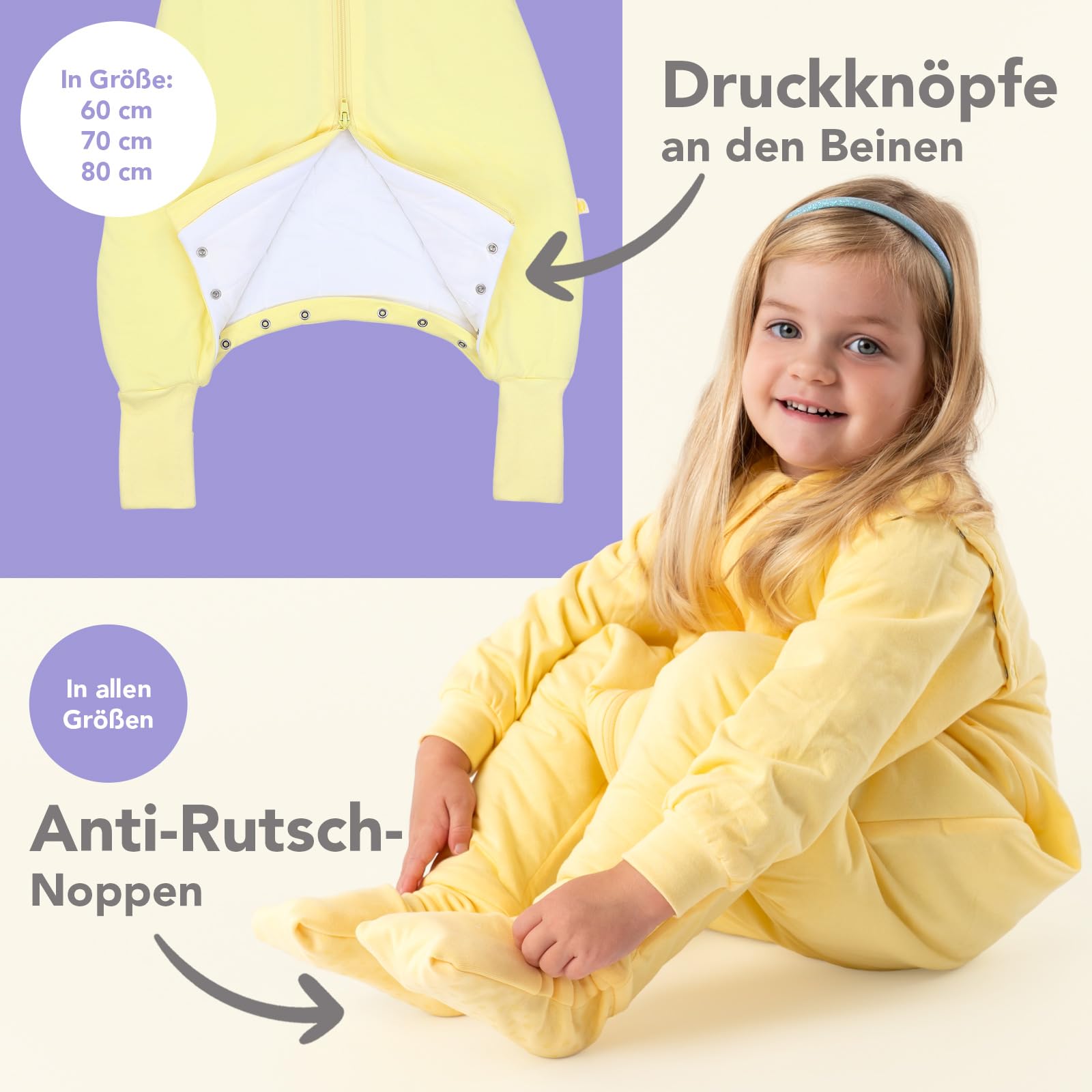 schlummersack Baby Kinder Schlafsack Ganzjahr 90cm Popcorn | mit Füßen, umklappbaren Bündchen und abnehmbaren Ärmeln, gefüttert, Ganzjahresschlafsack, 2.5 Tog