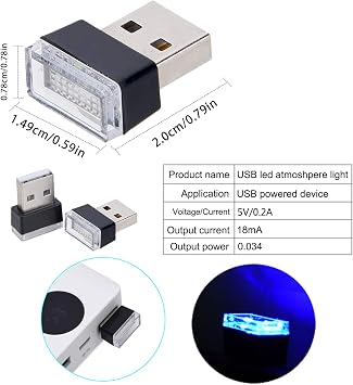 Febrytold 4Pcs Blue USB Car Interior Atmosphere Lamps, Universal Mini Led USB Lights for Car Decoration, Lighting