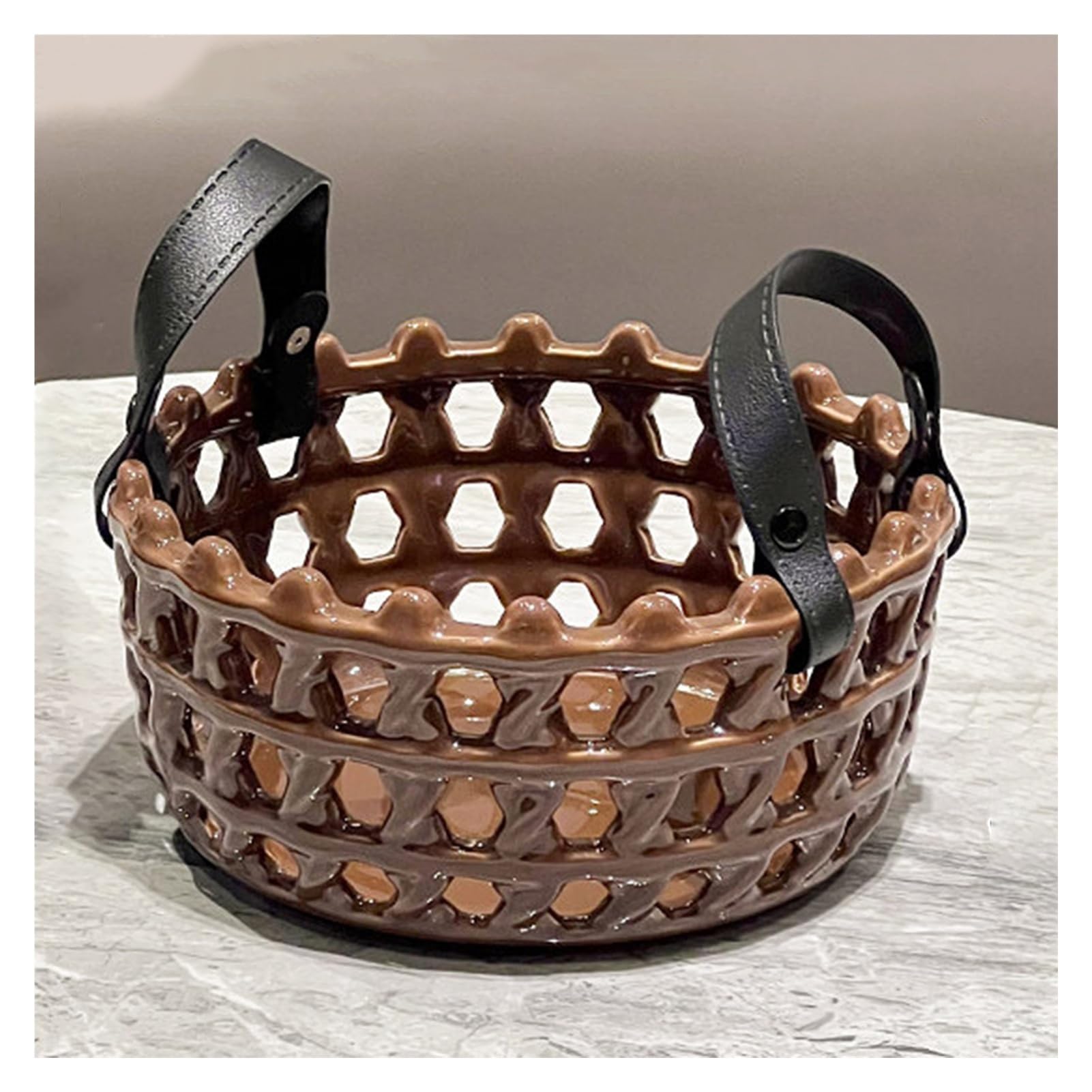 XCSDEW Ceramic Fruit Basket,Openwork Snack Tray,Nut Storage Box,Leather Handle,Suitable for Living Room Coffee Table(Color1)