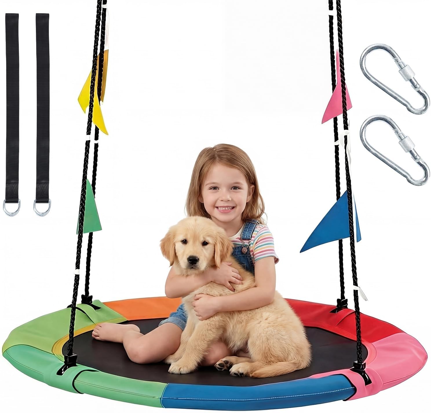 DUMOS Saucer Tree Swing for Kids, Outdoor & Indoor Swing Play Set Backyard, Waterproof 600D Oxford Fabric with Adjustable Ropes and Hanging Straps, 440 lbs Capacity, Rainbow