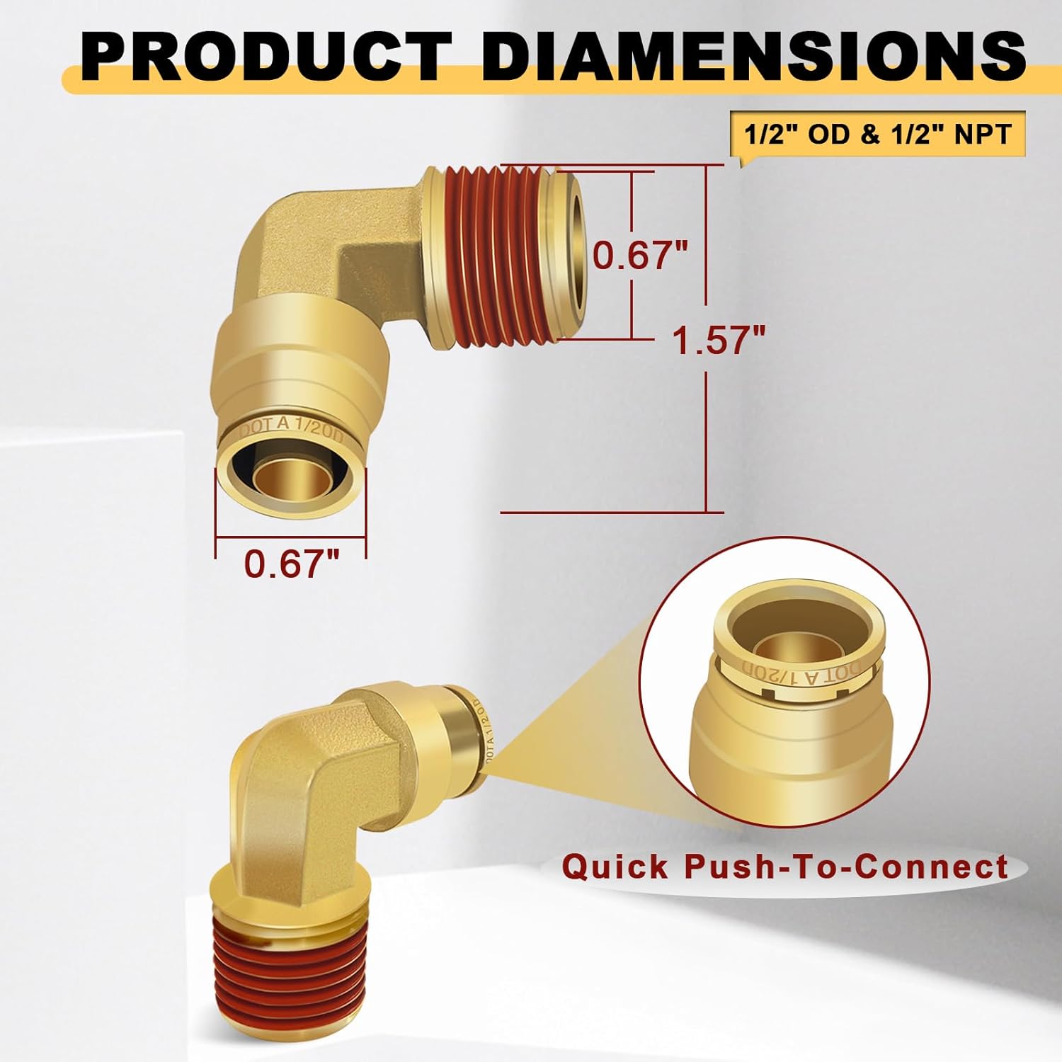 Siptenk 1/2" Elbow DOT Brass Push to Connect Air Line Fittings 5 PCS, 1/2" OD Tube x 1/2" NPT Thread Air Brake Line Quick Connect Fittings for Truck Trailers Industry Air System