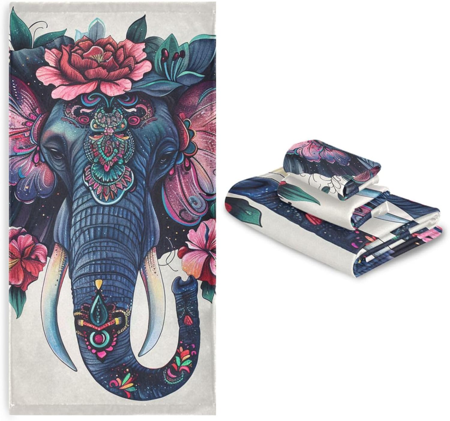 ALAZA Boho Elephant Towel Bathroom Set, 3-Piece Towel Set, 1 Bath Towel, 1 Hand Towel, 1 Washcloth,Soft Absorbent Towel for Home Kitchen Gym Beach
