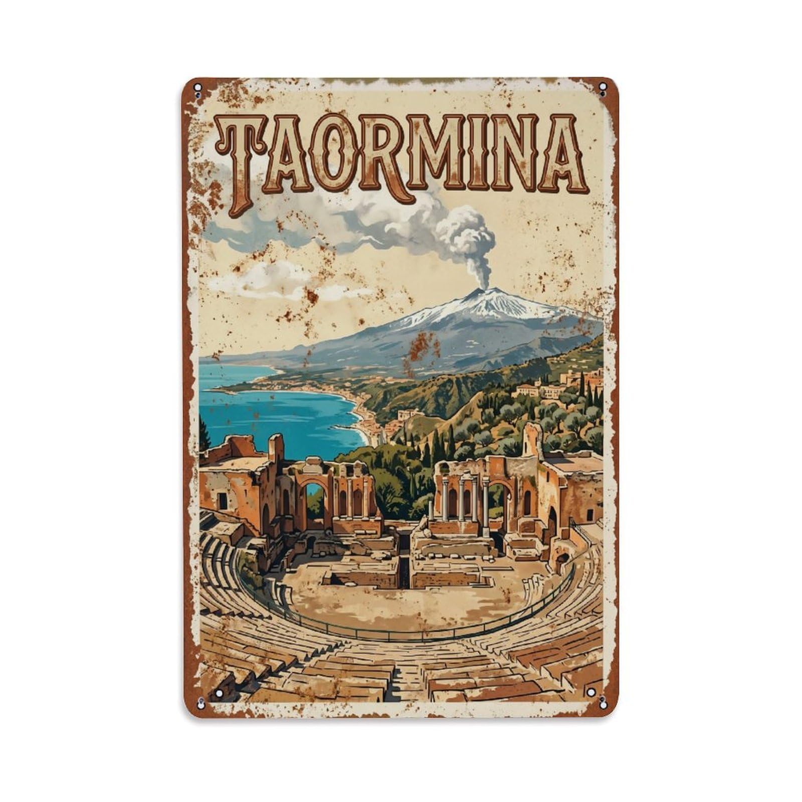 Vintage Travel Taormina Italy Metal Tin Sign Wall Decor for Cafe, Club, Garden Metal Poster 8x12Inch