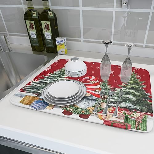Miniatura 6 de Tapete de secado de platos de gnomo de Navidad para encimera de cocina, gnomos de Navidad, copos de nieve, almohadilla de secado de platos de