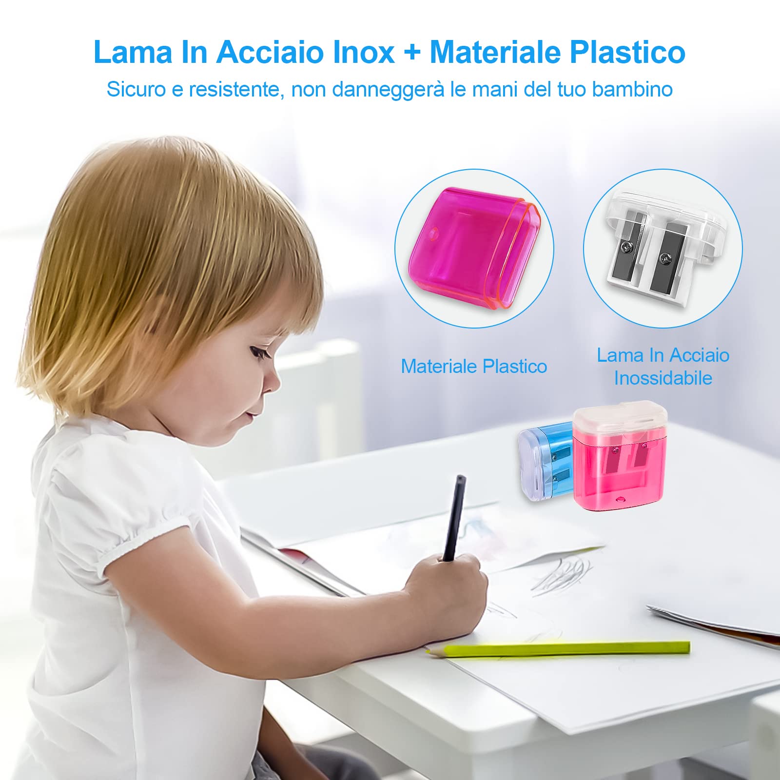 Temperamatite Portatile Per Bambini Con Coperchio - 2 Pezzi, Colore Blu, Mini 2 Fori (6-12mm) Per Matite Standard E Colorate - 3