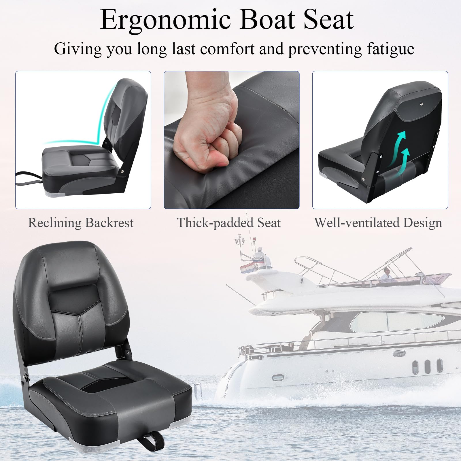 HOMASIS Lot de 2 Sièges de Bateaus Pliants Ergonomiques, Siège de Pêche Pliable avec Sangles et Vis de Fixation, Chaise de Bateau avec Cousssin pour Voilier Bateau de Pêche Yacht 42 x 50 x 52 (noir)