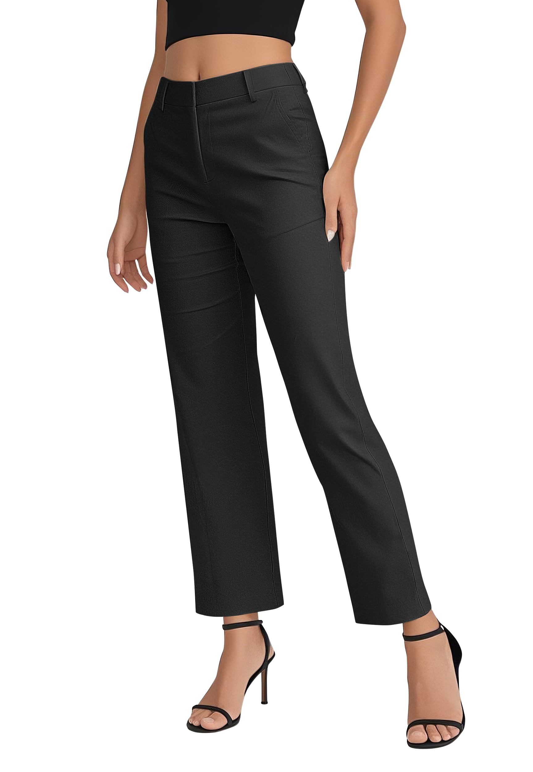 EXCHIC Donne Business Casual Elastica Vita Gamba Dritta Pantaloni con Tasche