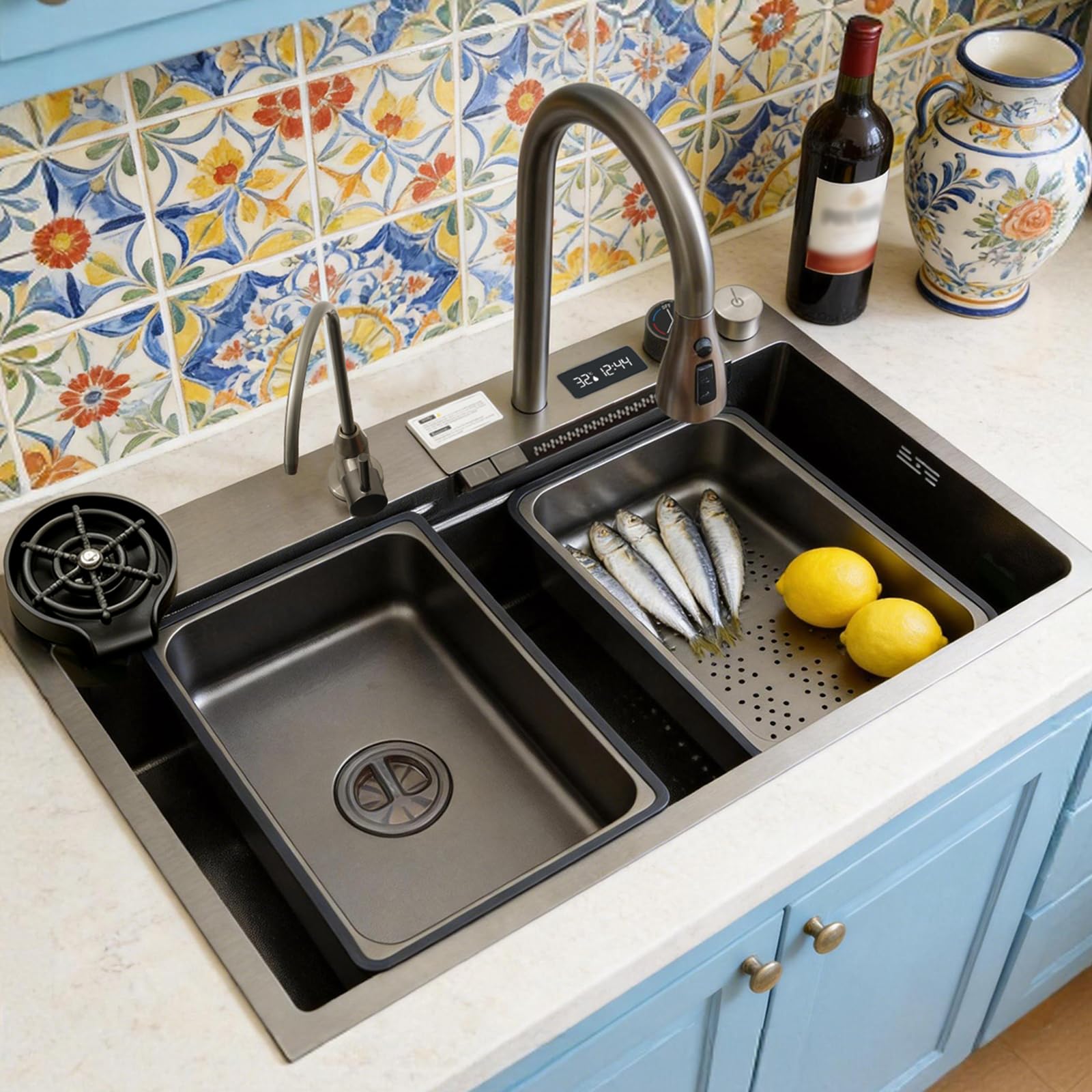 ZQFHSX Stainless Steel Waterfall Kitchen Sink Combo With Pull-Out Faucet Nano-Coated Topmount Single Bowl Workstation Accessories, Pressure Pot Washer, Cutting Board, Draining Basket(Black-Grey,75x