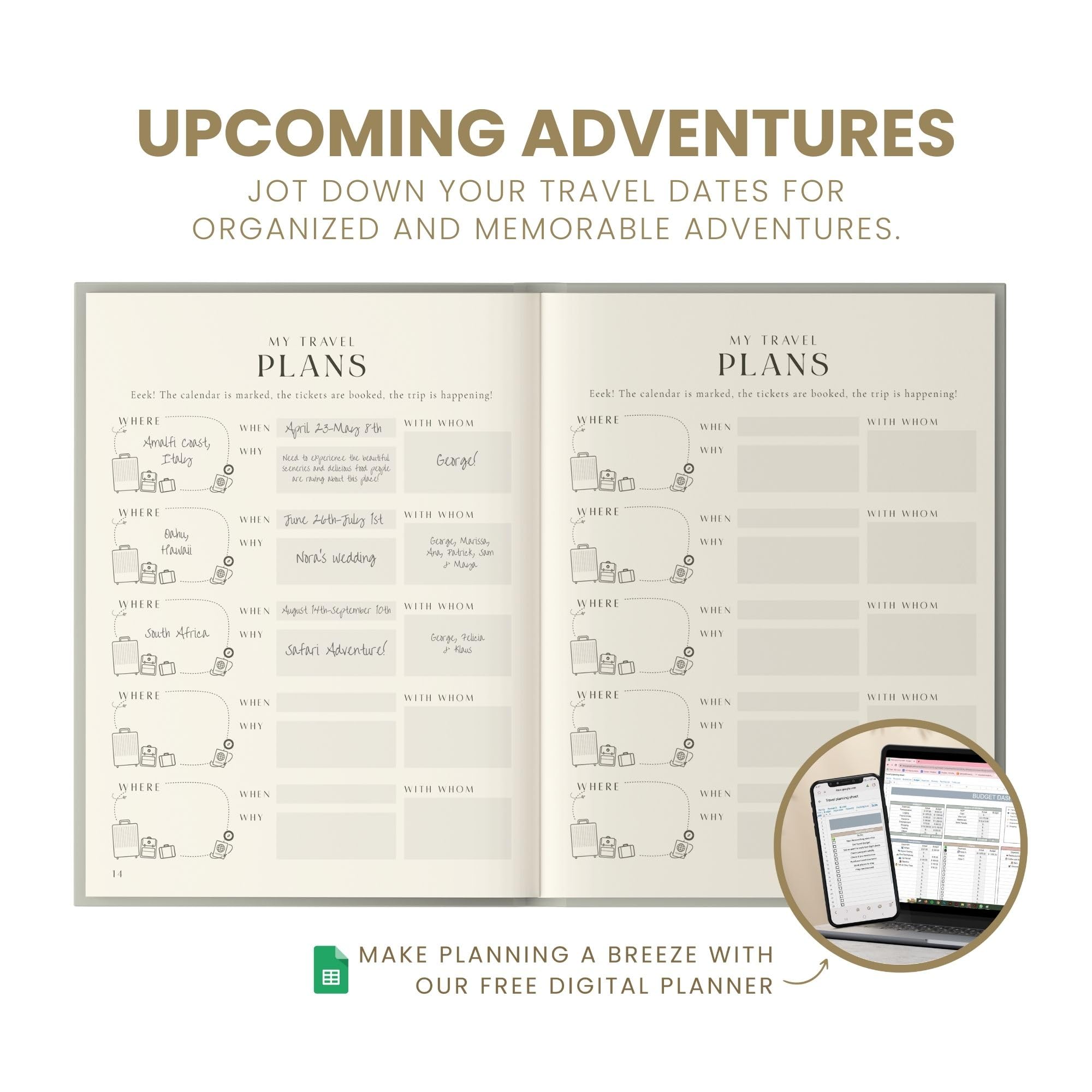 Inspired Ink Diario de viaje para mujeres y hombres, diario de viaje de 210 páginas, cuaderno de aventuras para viajeros, organizador de itinerarios y diario de recuerdos de viaje, regalo