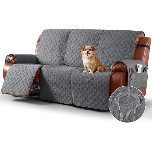 Ruaozz Waterproof Recliner Couch Covers, Sofa Slipcovers Washable 1-Piece Reclining Sofa Covers Non-Slip Furniture Protector with Elastic Straps Pocket for Kids Pets (Dark Grey, 3 Seater)