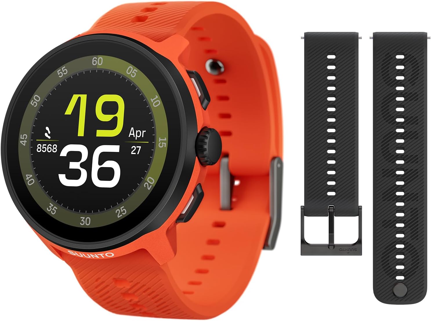 SUUNTO Run Sport Watch, Running GPS Watch Orange (w/Silicone Strap) & SUUNTO 22 ATH6 Silicone Strap All Black S+M