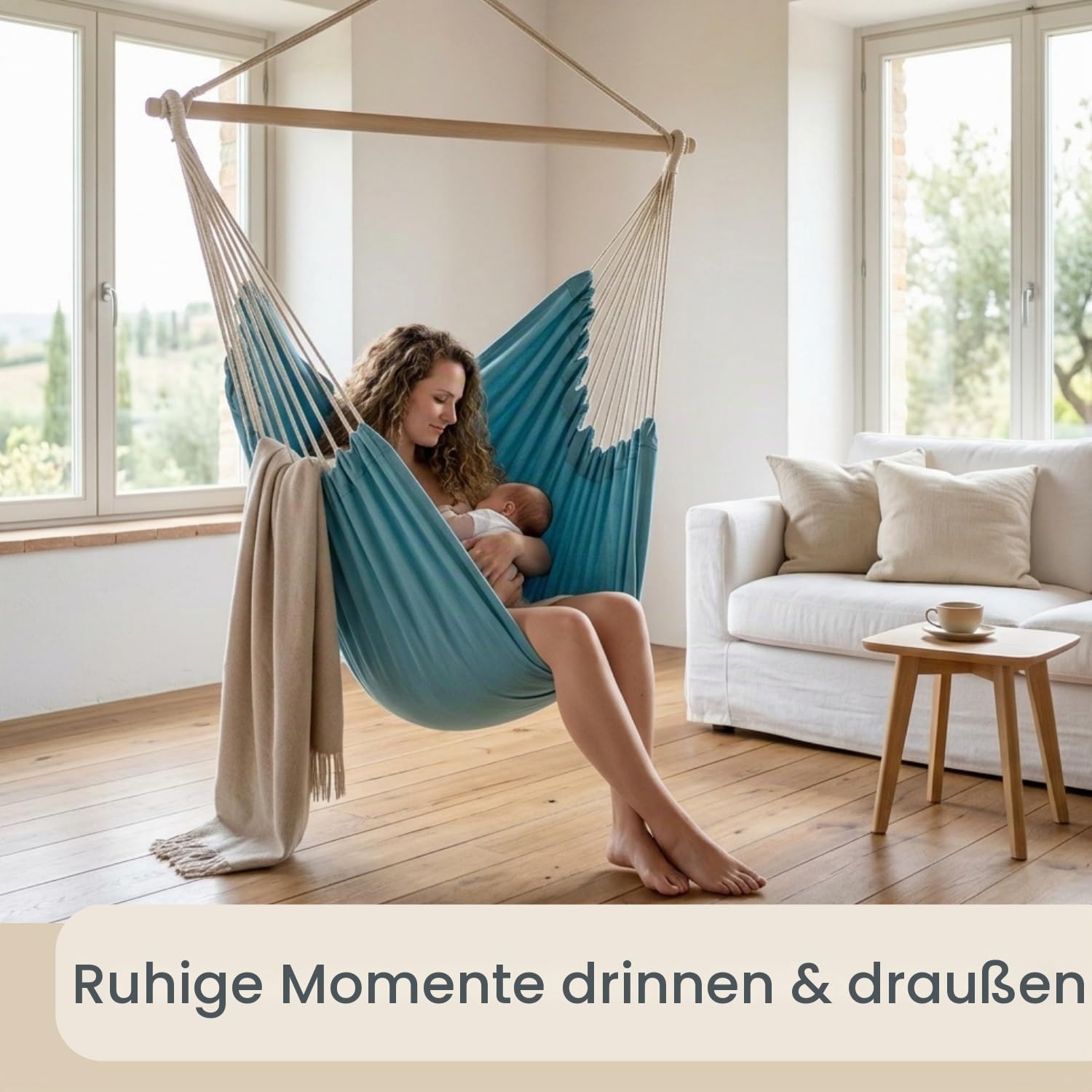 AMANKA Mehrpersonen Hängestuhl XXL Hängematte Familienhängematte max. 150 kg belastbar Riesiger Hängesitz 190x140 cm 100% Baumwolle Hängesessel inkl. Swivel Pazifik Blau