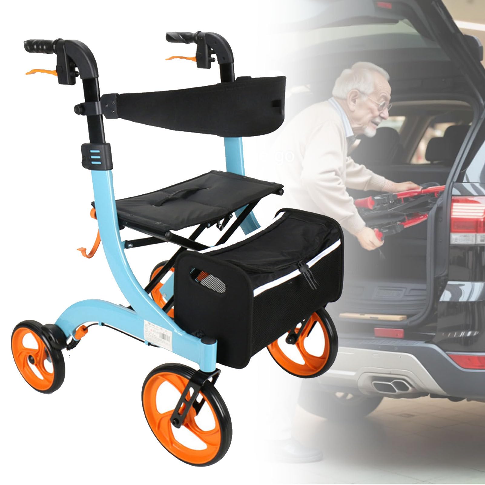 Rollator Pieghevole, Sedia a rotelle elettrica, deambulatore Pieghevole con Doppi Freni, Sedile e Borsa portaoggetti Staccabile, Sedia a rotelle Leggera, Altezza Regolabile per Viaggi,Blue