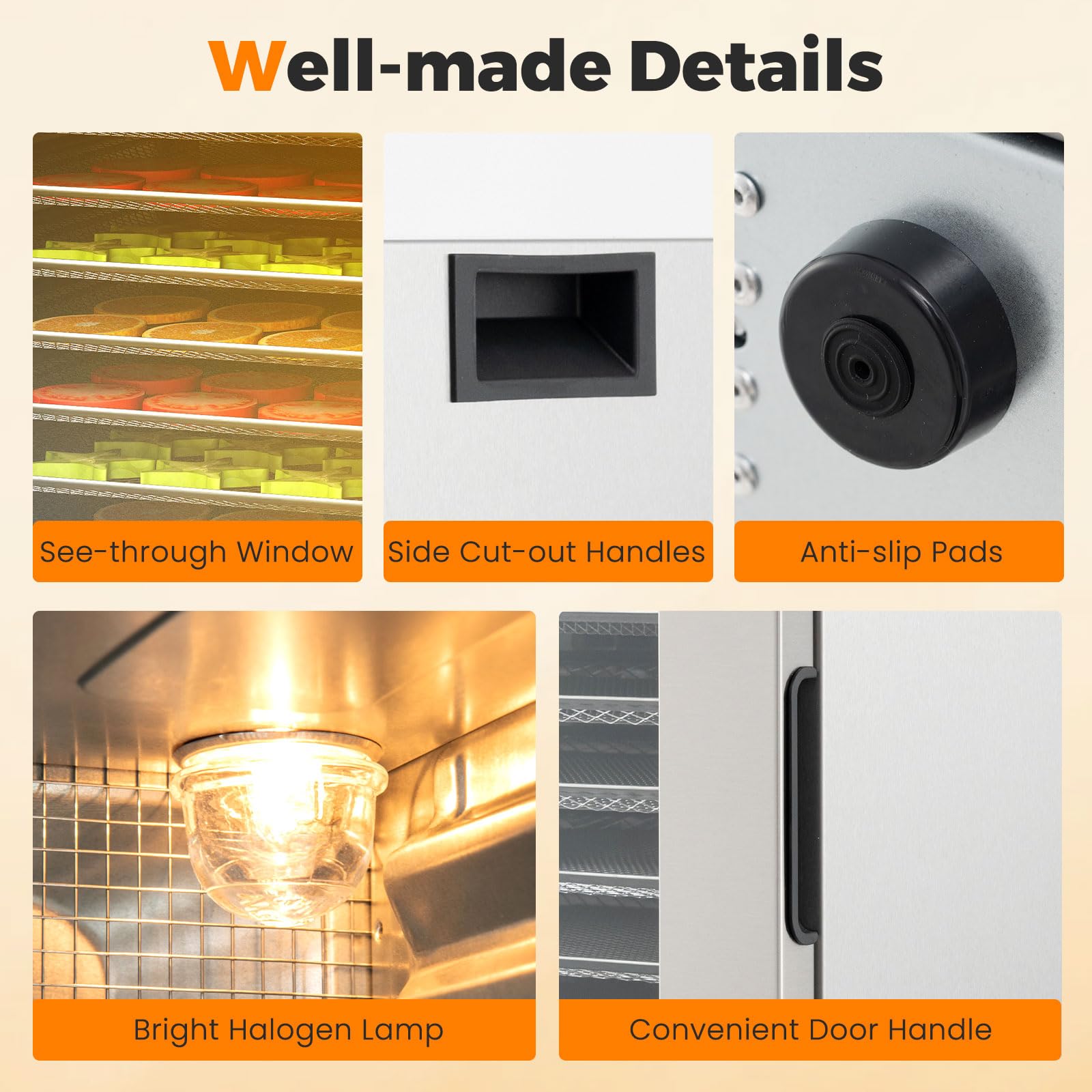 FANTASK - Deshidratador de alimentos (850 W, acero inoxidable, 8 compartimentos), deshidratador con temporizador 48 h y regulador de temperatura de 35 °C a 75 °C, deshidratador para alimentos, carne