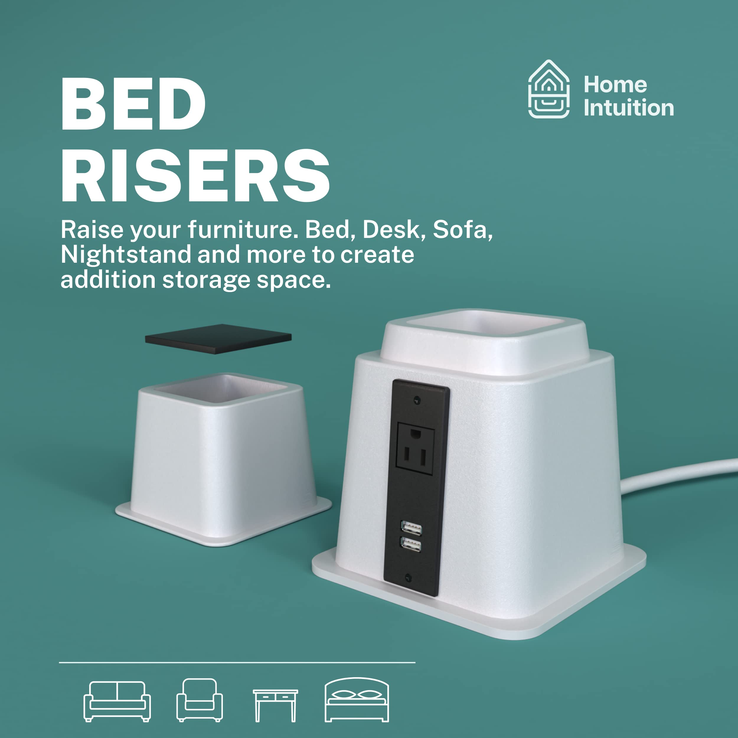 Home Intuition Heavy Duty Adjustable Bed Risers Furniture Riser 3, 5 or 8-Inch, 4 Pack (White W/USB)